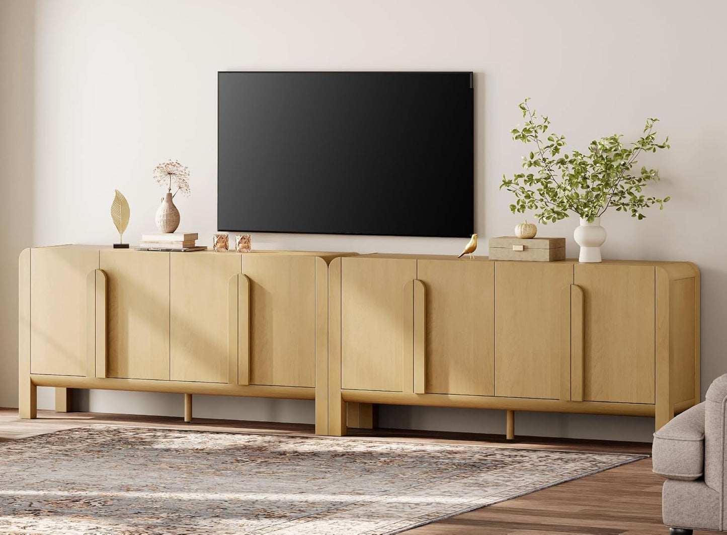 WAMPAT Modern TV Stand for TVs Up to 120 inches, 126" W Farmhouse Entertainment Center with Adjustable Shelf and 4 Doors, Media Console Table TV Cabinet for Living Room, Light Oak