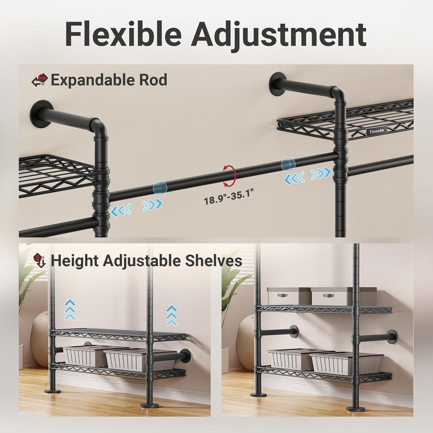 Timate F4 Wall Mounted Clothes Rack Industrial Pipe Clothing Rack for Hanging Clothes, Expandable Garment Rack Heavy Duty Wardrobe Closet Organizer and Storage, Black Adjustable Industrial Closet Kit