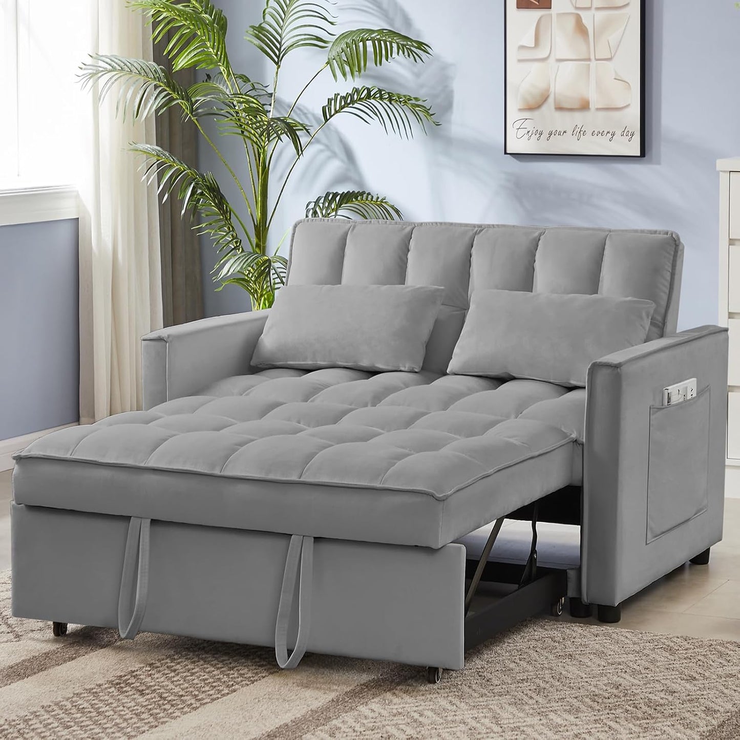 65'' 3-in-1 Folding Convertible Sofa Bed, Pullout Sofa, Modern Chenille Fabric, 360° Swivel Side Table, Easy Assembly, Perfect for Living Room, Black