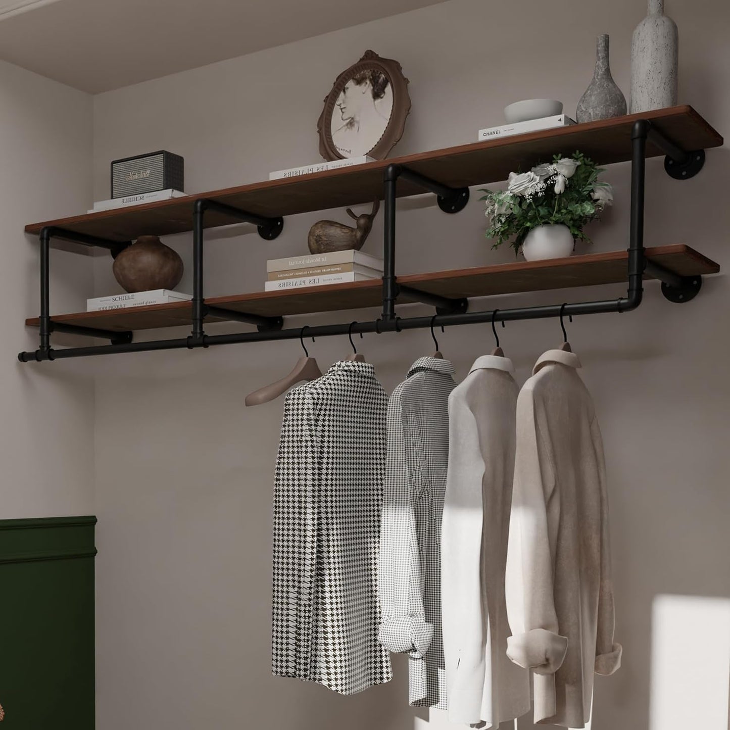 60In Industrial Pipe Clothing Rack with Top Shelf, Space-Saving Wall Mounted Clothes Rack 2 Tiers Pipe Shelves, Shelf with Hanging Rod for Laundry Room, Closet Storage