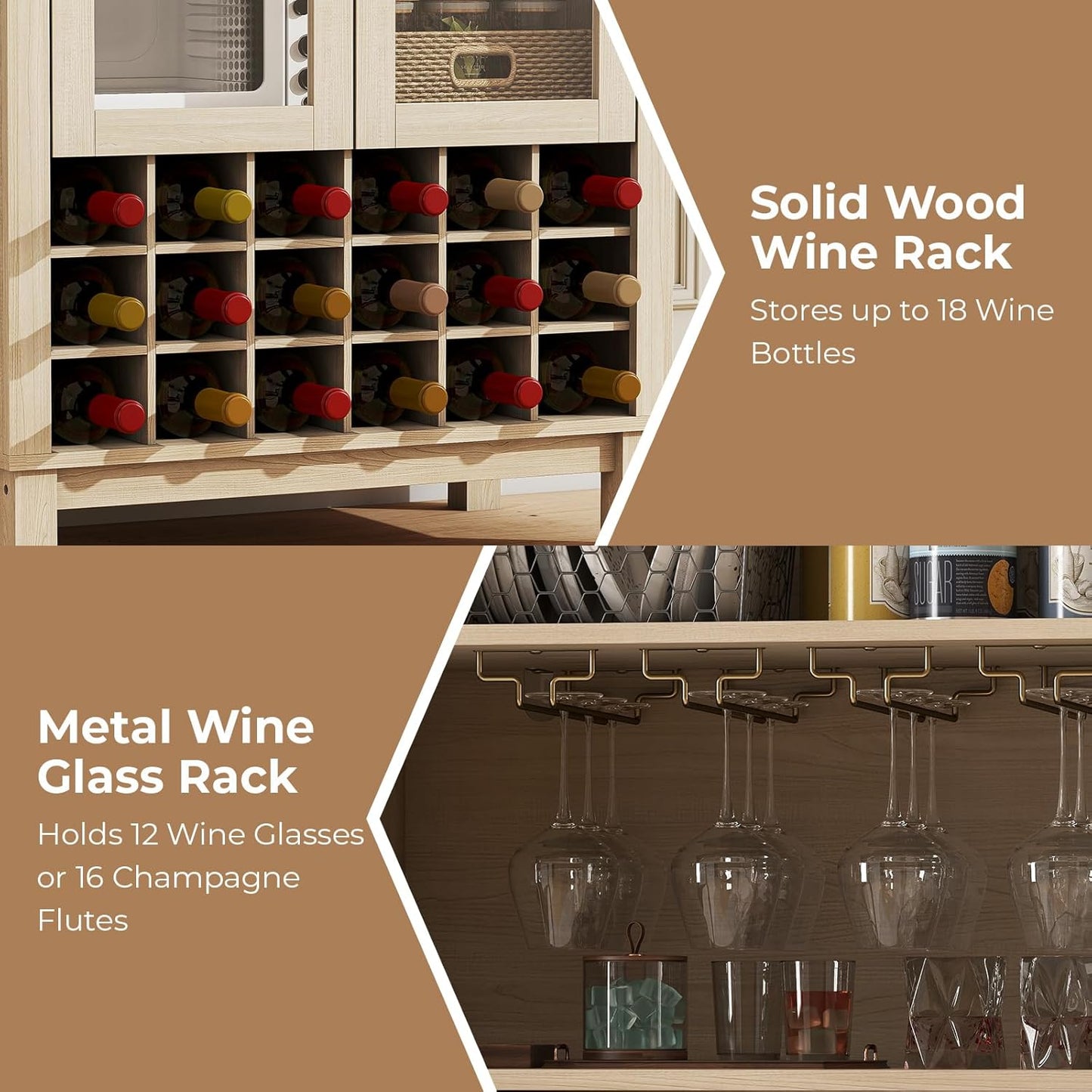 EAG 72" Tall Arched Wine Cabinet with Glass Door, Rustic Coffee Bar Storage Cabinet with Wine Rack, Storage Shelves Large Liquor Cabinet for Dining Room, Kitchen Oak