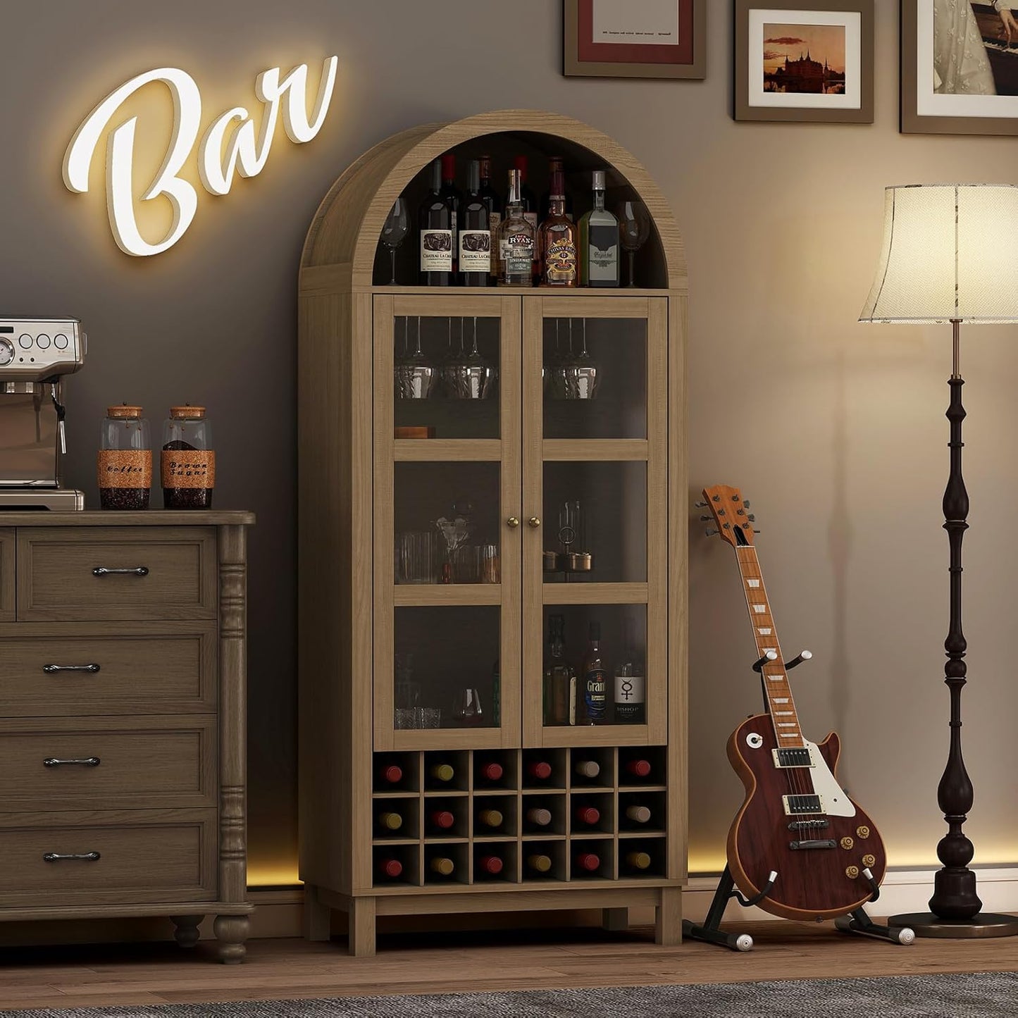EAG 72" Tall Arched Wine Cabinet with Glass Door, Rustic Coffee Bar Storage Cabinet with Wine Rack, Storage Shelves Large Liquor Cabinet for Dining Room, Kitchen Oak
