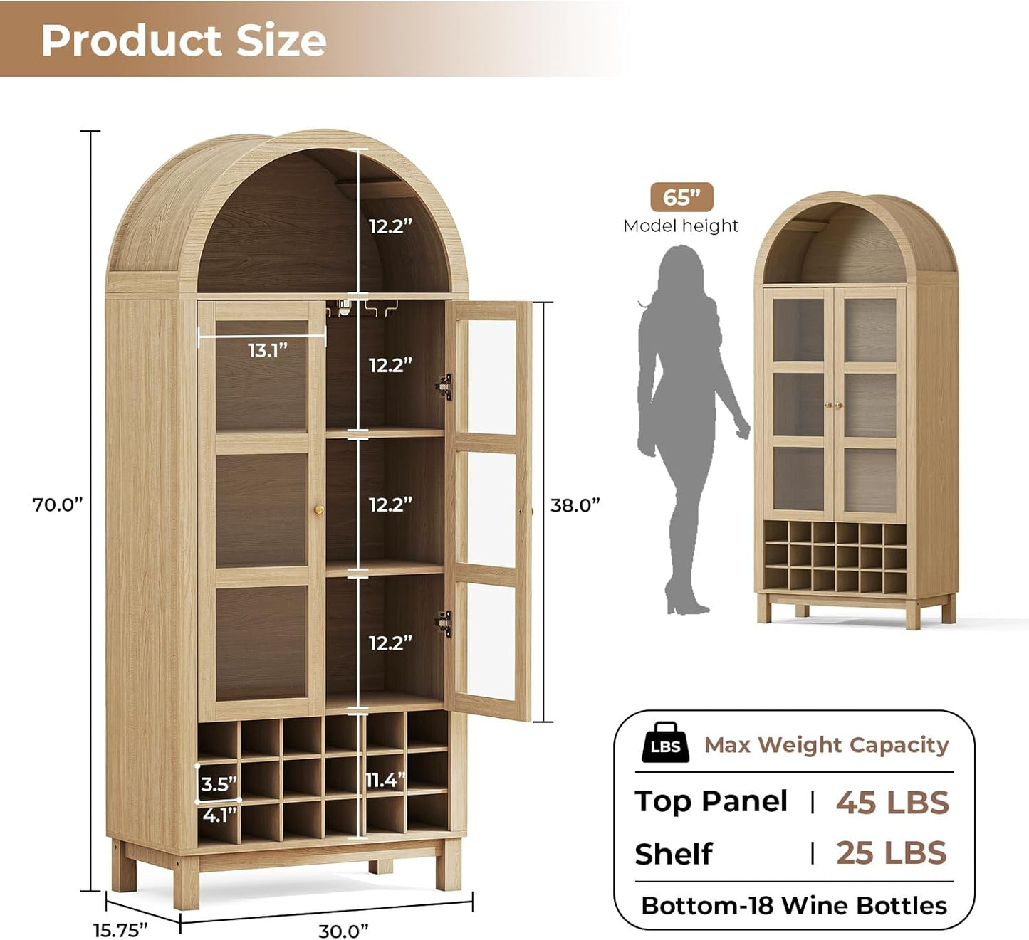 EAG 72" Tall Arched Wine Cabinet with Glass Door, Rustic Coffee Bar Storage Cabinet with Wine Rack, Storage Shelves Large Liquor Cabinet for Dining Room, Kitchen Oak