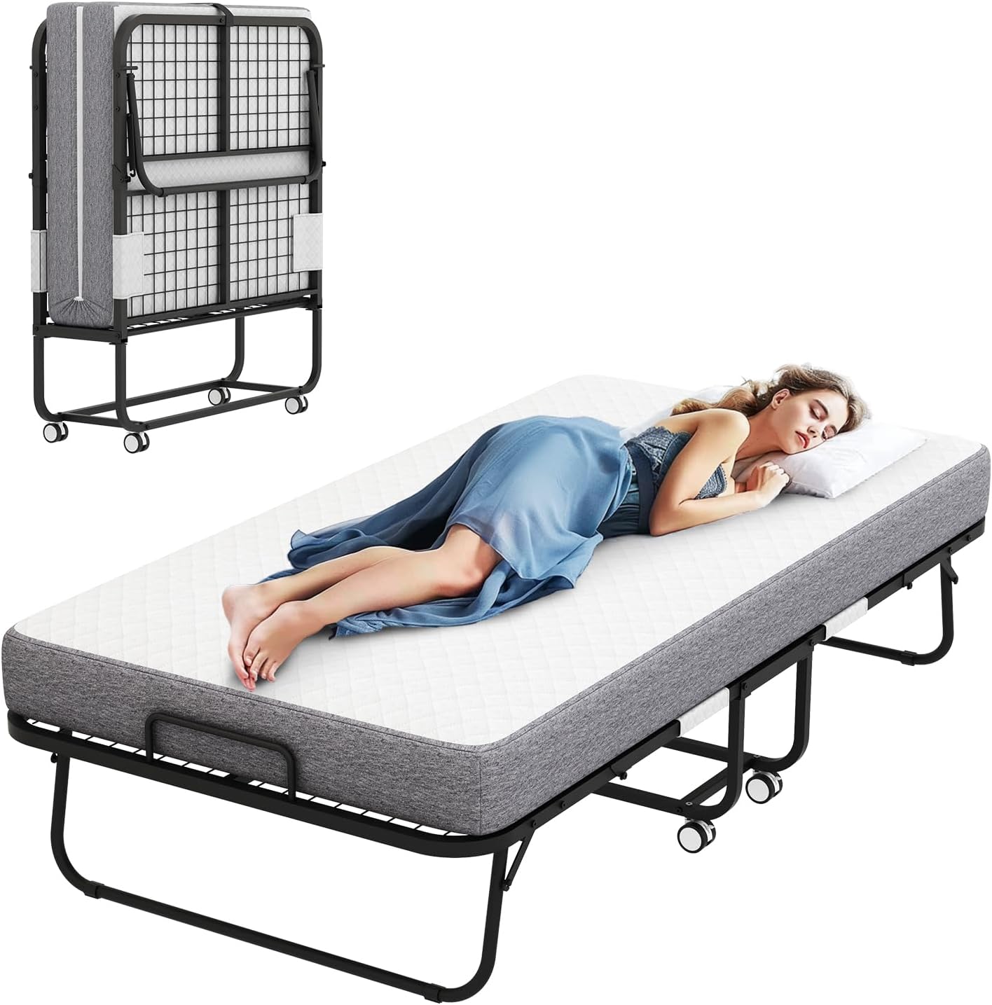 Folding Bed with Mattress 75"x54" Extra Wide Double Folding Bed, Upgraded Sturdy Construction Portable with Mattress for Adult Guests, Folds Down to Save Space (75" x 54")