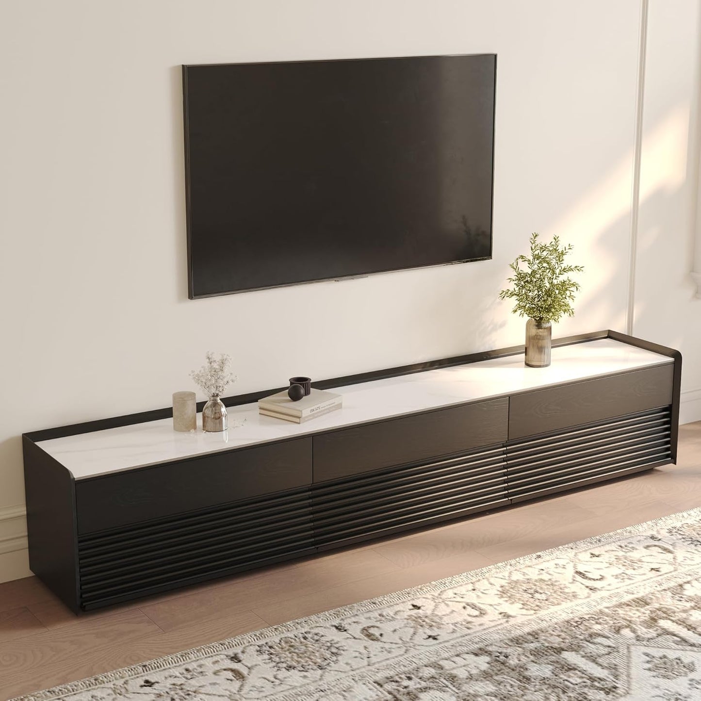 POVISON Fully-Assembled Mid Century Matte Sintered Stone TV Stand, 94.49" Wood Media Console with Adjustable LED Light, Entertainment Center with Storage for Living Room