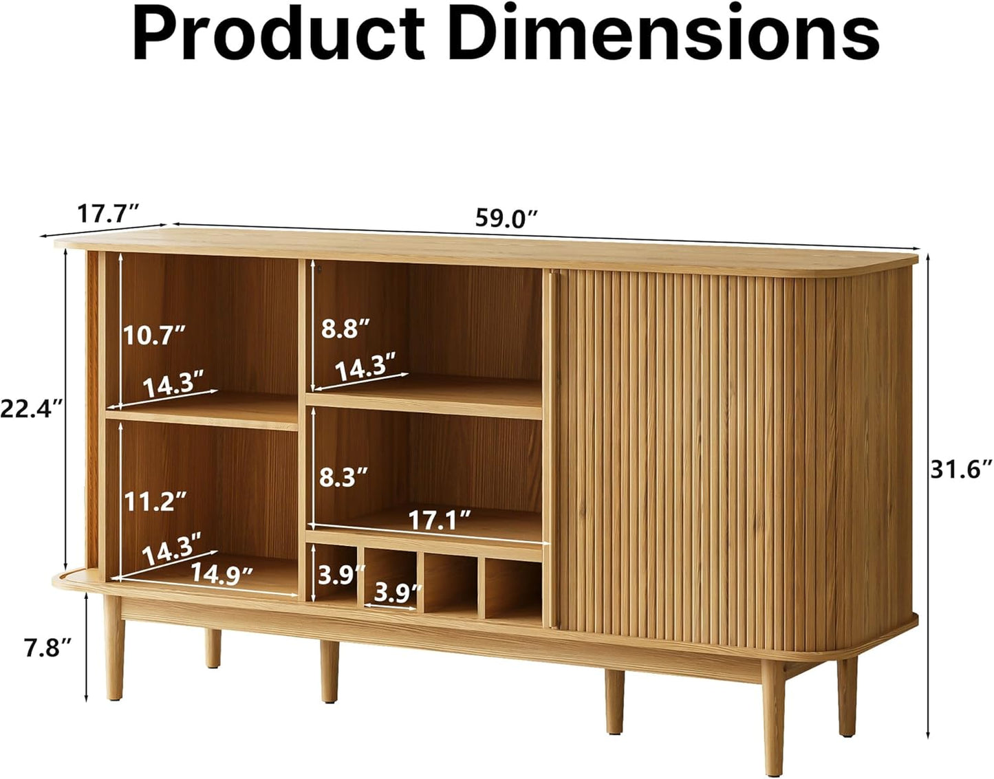 Coffee Bar with Storage, 59 inch Coffee Bar Cabinet with Fluted Slide Tambour Doors, Wine Bar Cabinet with 4 Wine Racks for Living Room, Kitchen, Entryway, Natural