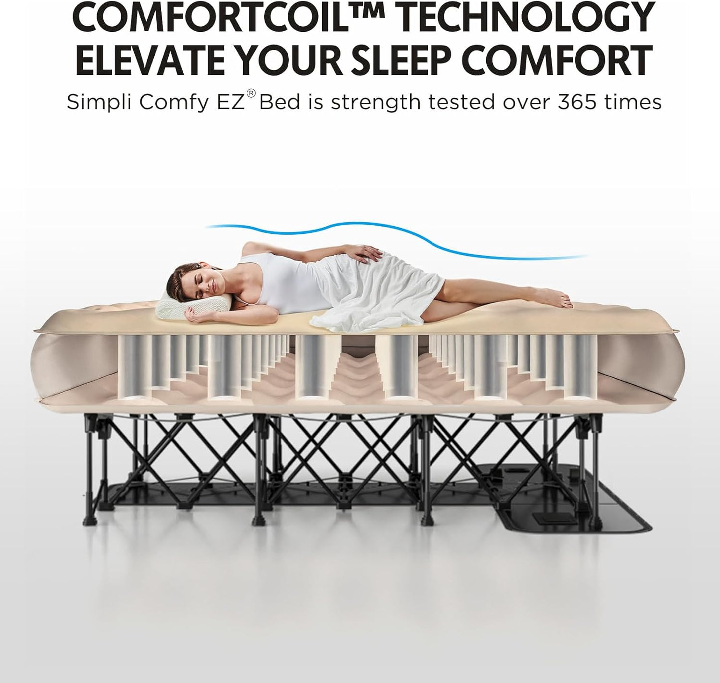 Simpli Comfy Queen EZ Bed Self-Inflating Air Mattress with Built-in Frame, Pump and Wheeled Case, Blow Up Inflatable Rolling Air Bed on Wheels
