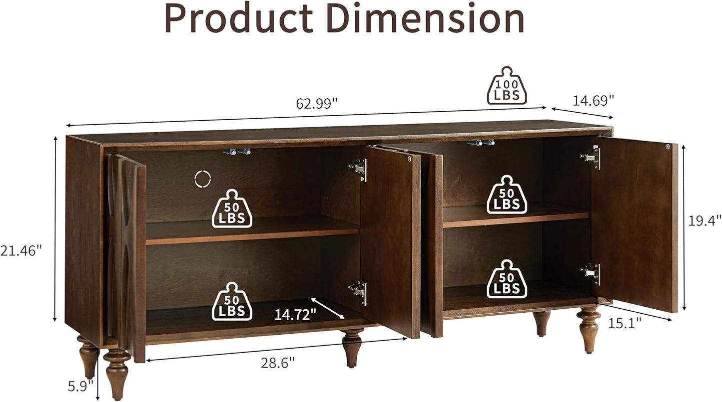 63" TV Stand with Storage, 4 Doors Modern Entertainment Center Sideboard Buffet Cabinet with Adjustable Shelves, TV Media Console Table for Living Room, Walnut