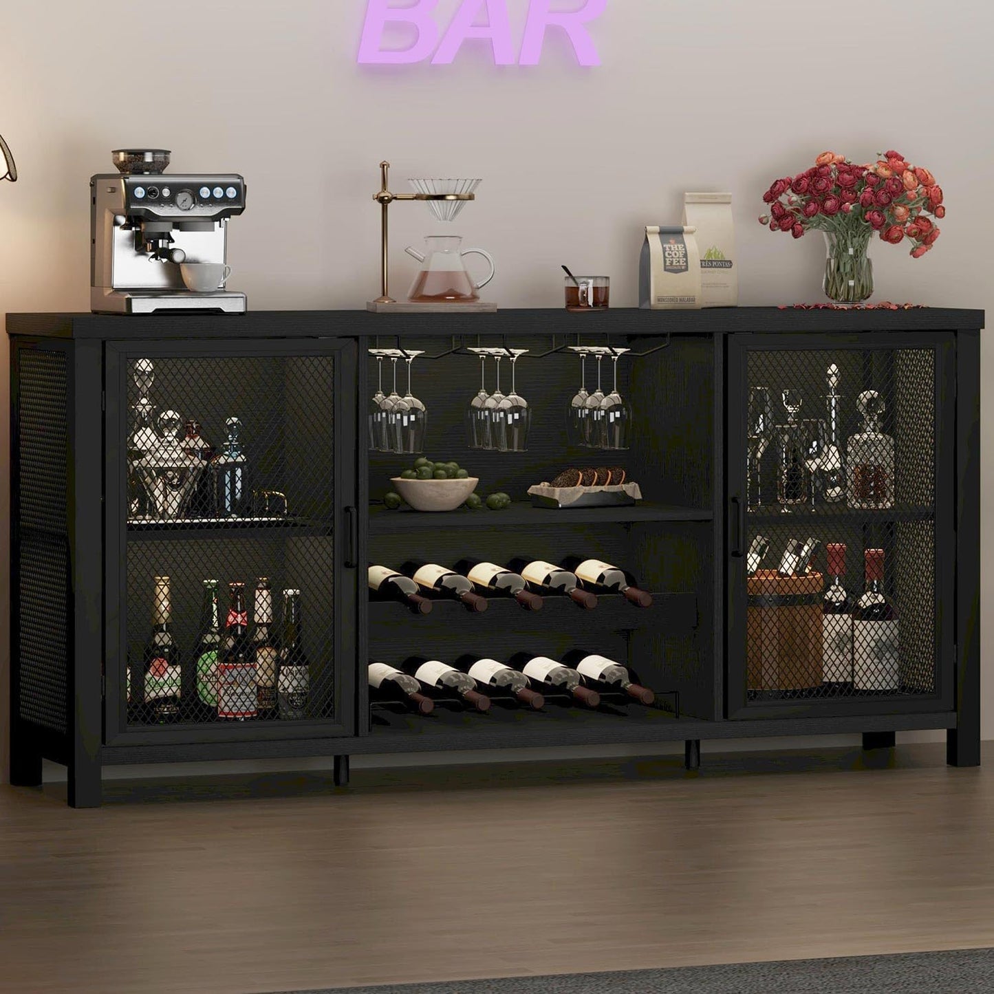 Launica Liquor Bar Cabinet, Industrial Wine Cabinet, Rustic Sideboard Buffet Cabinet for Liquor and Glasses, Coffee Bar Cabinet with Storage Rack for Home Kitchen Dining Room, Dark Grey Oak, 55 in