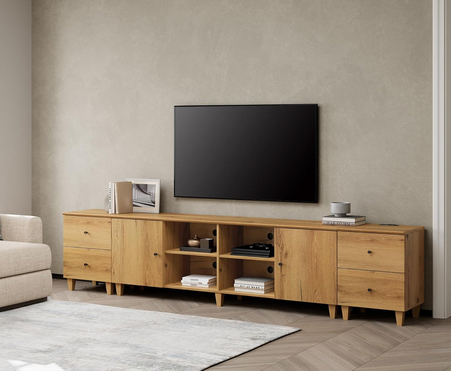 WAMPAT 3-in-1 TV Stand w/Doors&Charging Station, 105" Modern Wood Entertainment Center Media Console for 110+ inch TVs, TV Cabinet w/Shelves&4 Drawers for Living Room, Bedroom, Light Oak