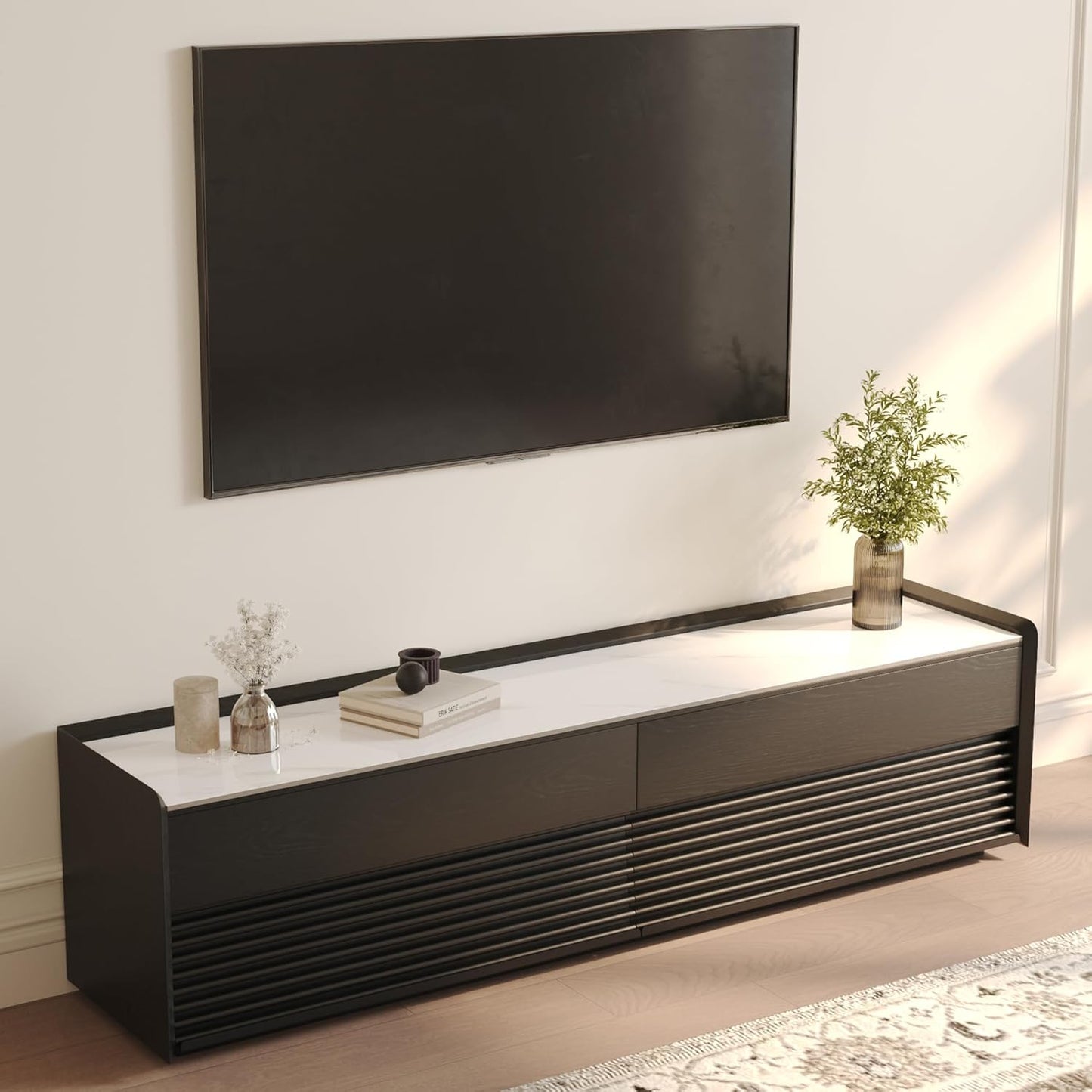 POVISON Fully-Assembled Mid Century Matte Sintered Stone TV Stand, 94.49" Wood Media Console with Adjustable LED Light, Entertainment Center with Storage for Living Room