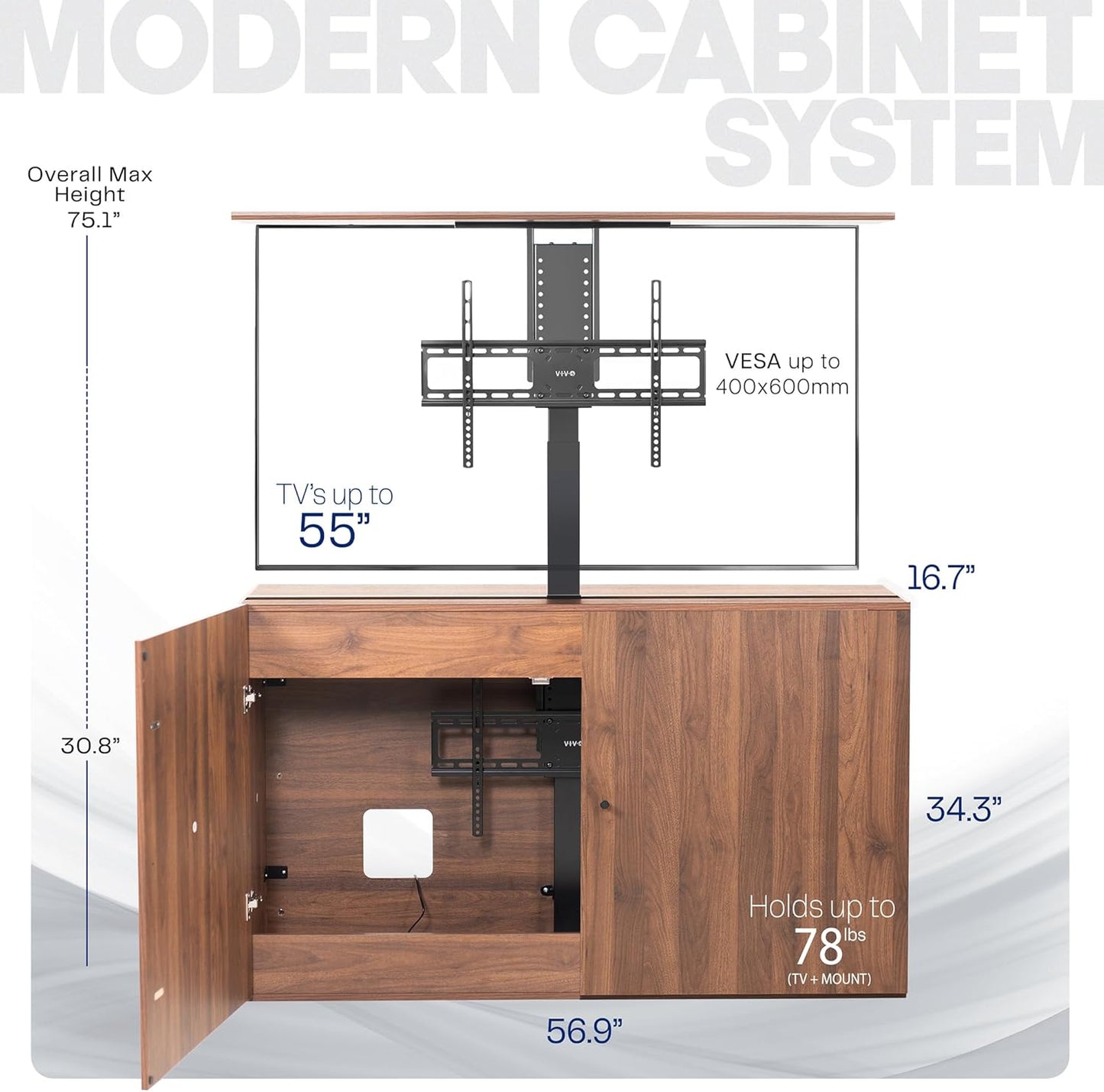 VIVO Walnut TV Cabinet with Motorized Vertical Lift Television Stand, Holds 32 to 55 inch TVs up to 44 lbs, CASE-KIT-EUP1WN
