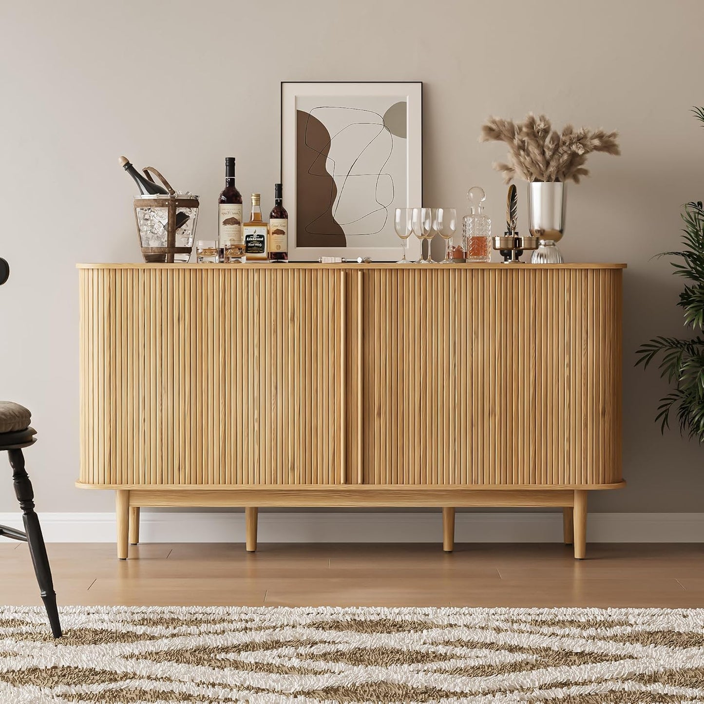 Coffee Bar with Storage, 59 inch Coffee Bar Cabinet with Fluted Slide Tambour Doors, Wine Bar Cabinet with 4 Wine Racks for Living Room, Kitchen, Entryway, Natural