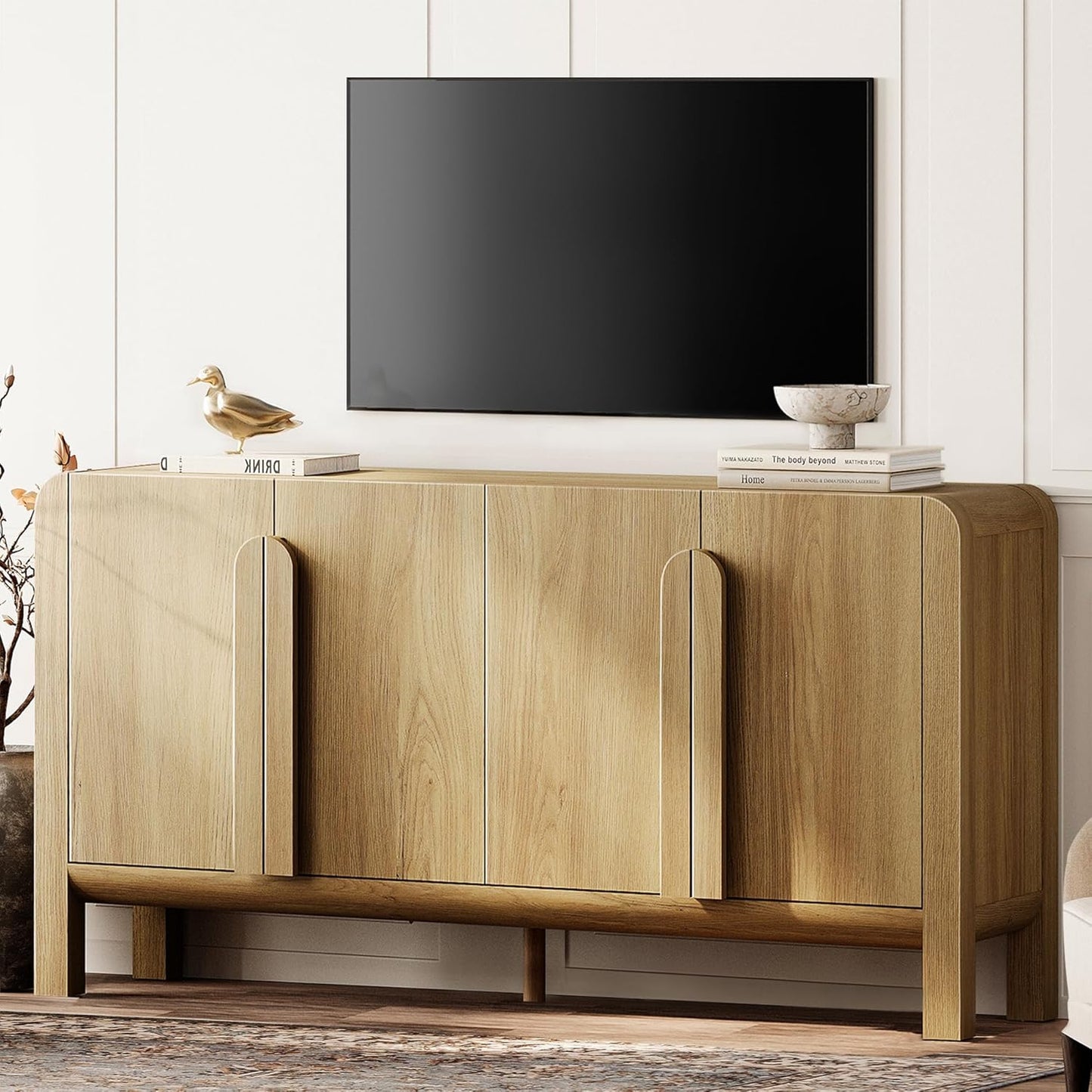 WAMPAT Modern TV Stand for TVs Up to 120 inches, 126" W Farmhouse Entertainment Center with Adjustable Shelf and 4 Doors, Media Console Table TV Cabinet for Living Room, Light Oak