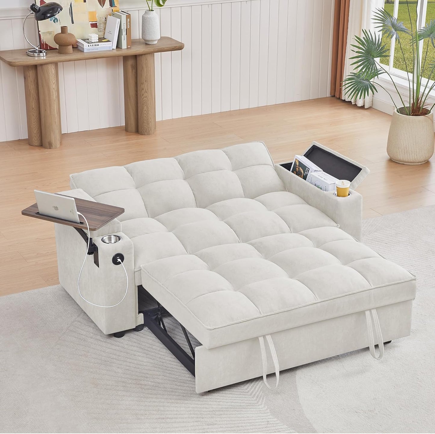 65'' 3-in-1 Folding Convertible Sofa Bed, Pullout Sofa, Modern Chenille Fabric, 360° Swivel Side Table, Easy Assembly, Perfect for Living Room, Black