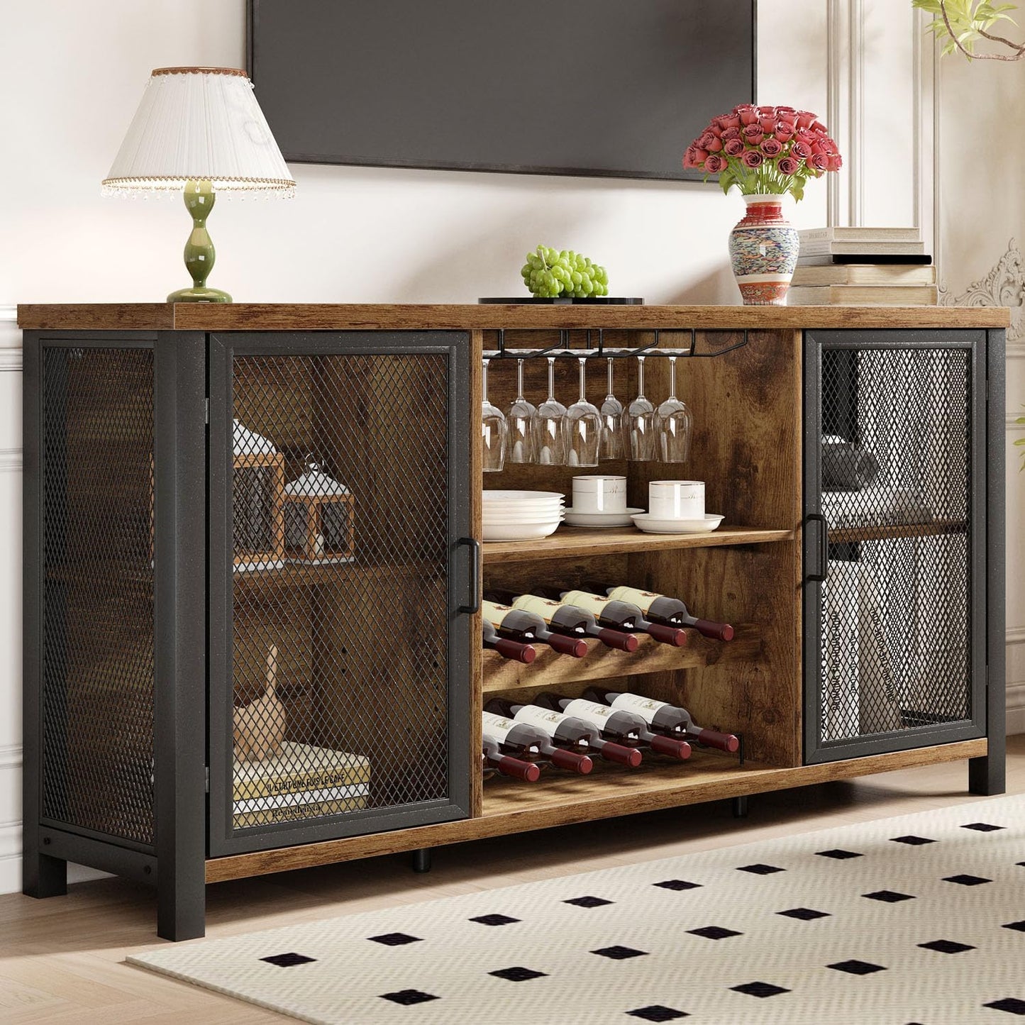 Launica Liquor Bar Cabinet, Industrial Wine Cabinet, Rustic Sideboard Buffet Cabinet for Liquor and Glasses, Coffee Bar Cabinet with Storage Rack for Home Kitchen Dining Room, Dark Grey Oak, 55 in