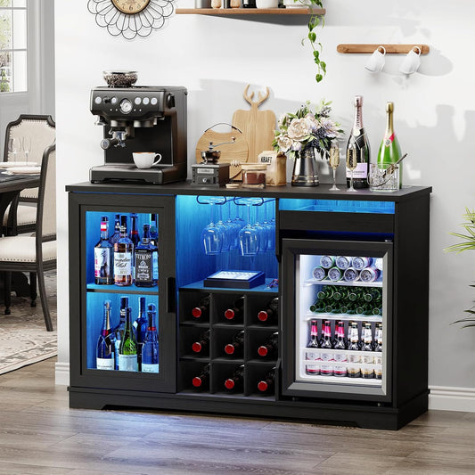 Wine Bar Cabinet with Fridge (Included), Liquor Coffee Cabinet with LED Lights & Rack, Mini Fridge Cabinet with Storage, Human Body Sensor, Sideboard Buffet for Kitchen Dining Room, Black