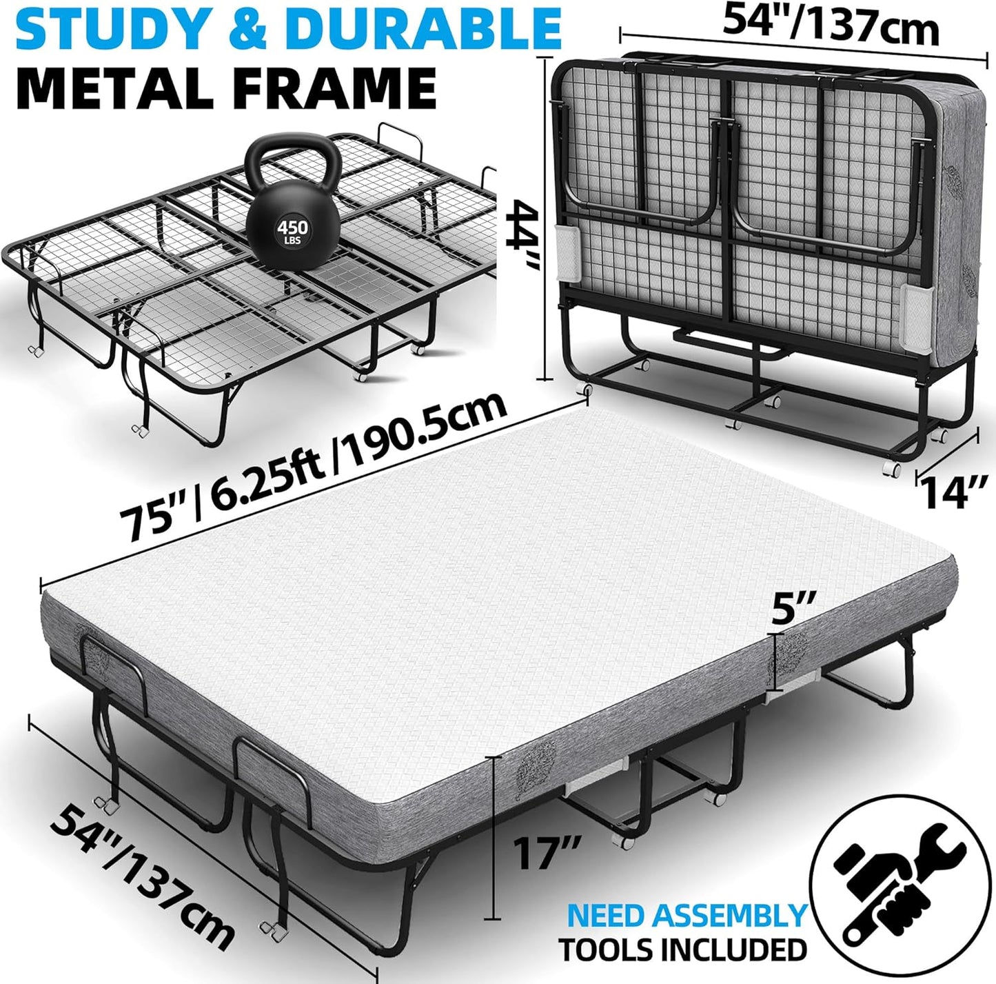 Folding Bed with Mattress 75 x 54 Full Size for Adults Rollaway Bed Fold Up Foldable Portable Extra Large Spare Guest Beds on Wheels for Home School Dorm Office Hospital