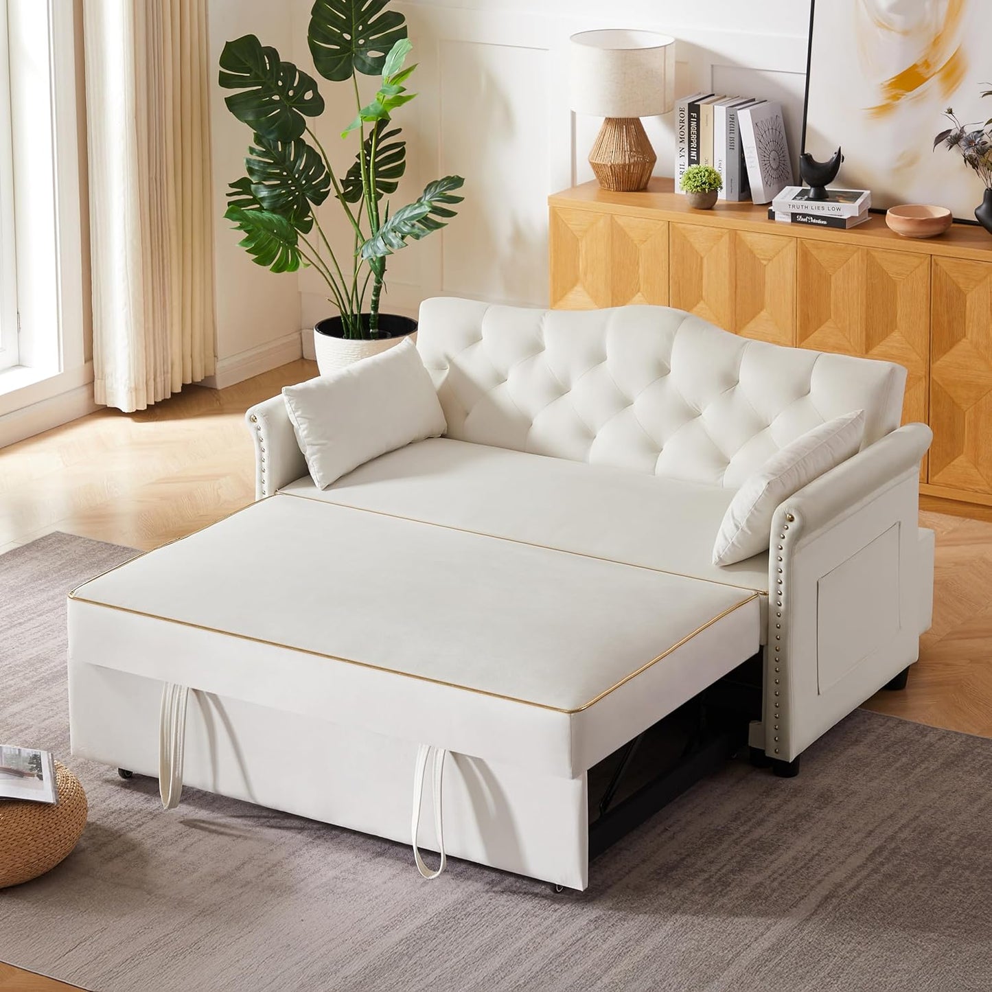 65'' 3-in-1 Folding Convertible Sofa Bed, Pullout Sofa, Modern Chenille Fabric, 360° Swivel Side Table, Easy Assembly, Perfect for Living Room, Black