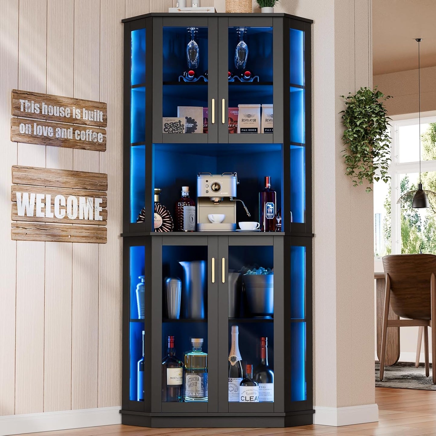 71'' Corner Wine Bar Cabinet with LED Lights,5-Tier Tall Home Liquor Coffee Bar Cabinet W with Tempered Glass Door & Glasses Rack, Alcohol Cabinet Storage Hutch for Kitchen, Living Room, Dining Room
