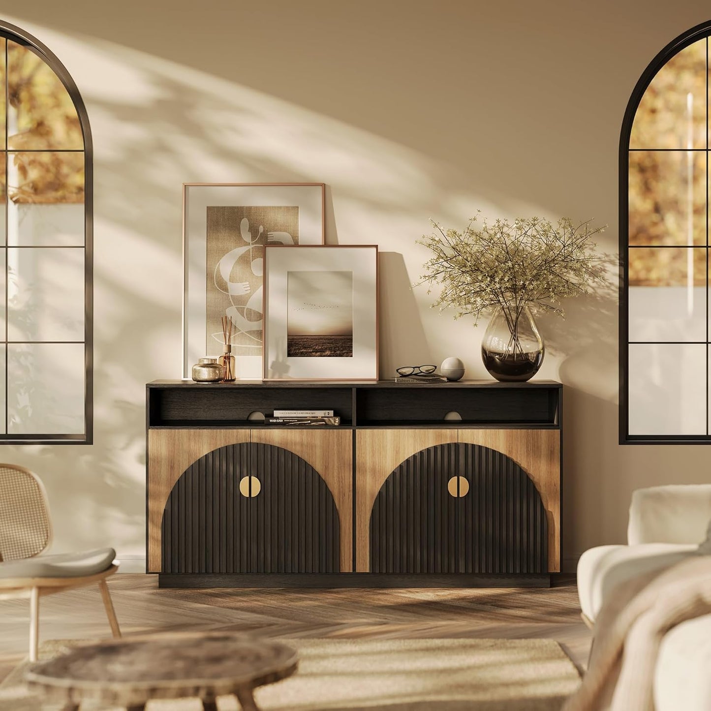 BELLEZE 65 Inch Fluted TV Stand, Mid Century Modern Entertainment Center with Storage Cabinets & Open Shelves, Media Console TV Cabinet with Adjustable Shelves for Living Room, Caramel Brown