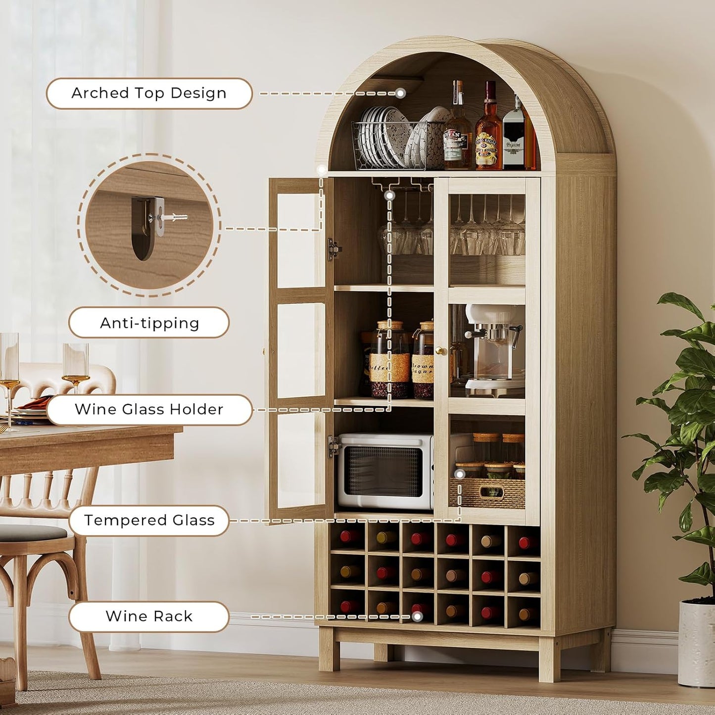 EAG 72" Tall Arched Wine Cabinet with Glass Door, Rustic Coffee Bar Storage Cabinet with Wine Rack, Storage Shelves Large Liquor Cabinet for Dining Room, Kitchen Oak