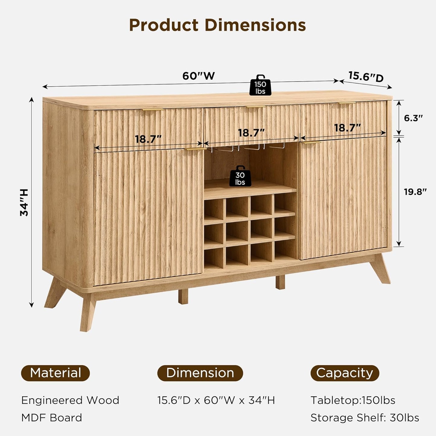 OKD 60" Fluted Buffet Cabinet with Storage - 3 Drawers and 2 Doors, Mordern Wine & Coffee Bar Cabinet with Wine and Glass Racks, Sideboard with Adjustable Shelves for Kitchen, Dining Room,Natural Oak