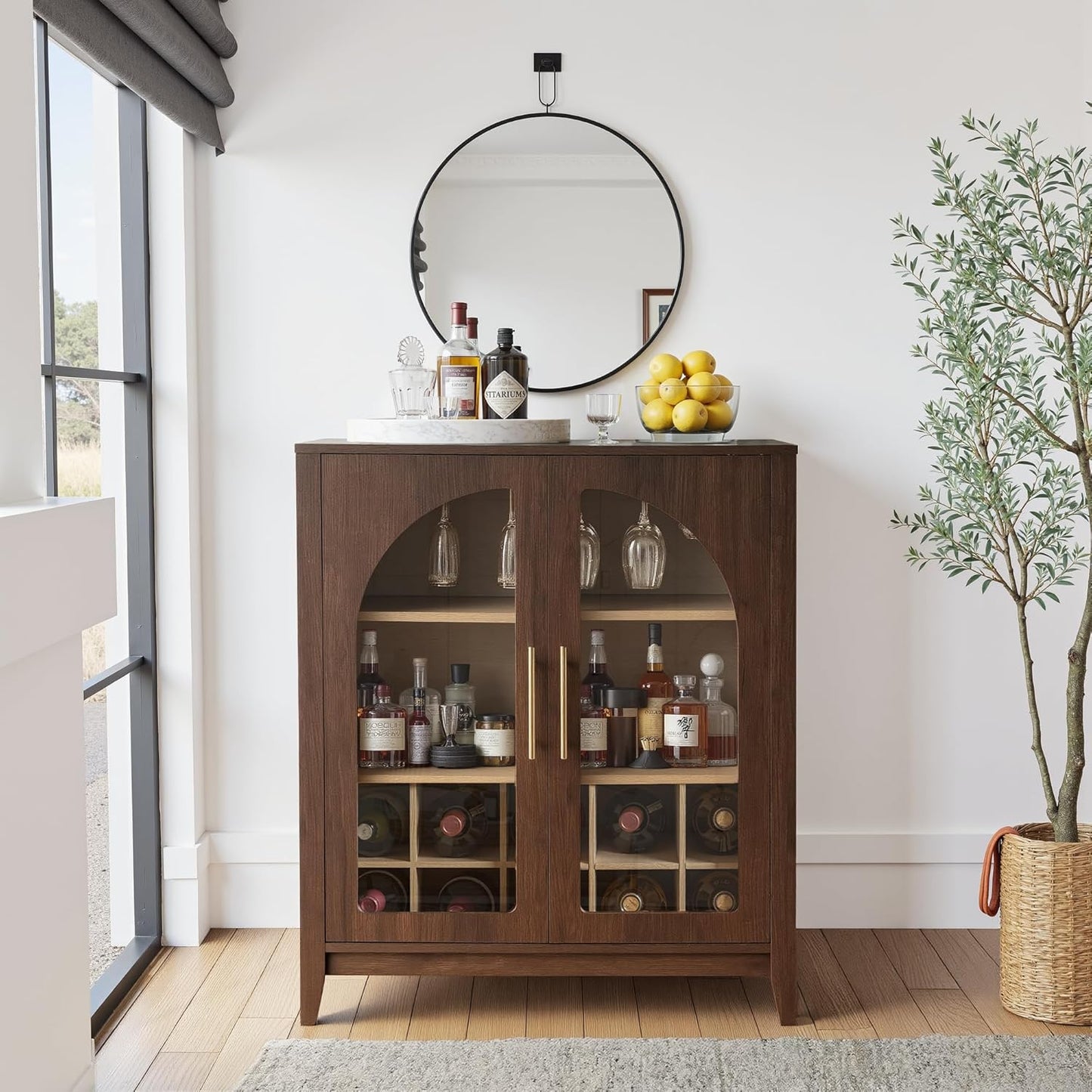 Wine Bar Cabinet with Glass Doors, 31.5" Liquor Cabinet with Wine and Glass Rack, Mid Century Modern Sideboard Buffet Cabinet with Storage for Living Room Kitchen Dining Room, Walnut