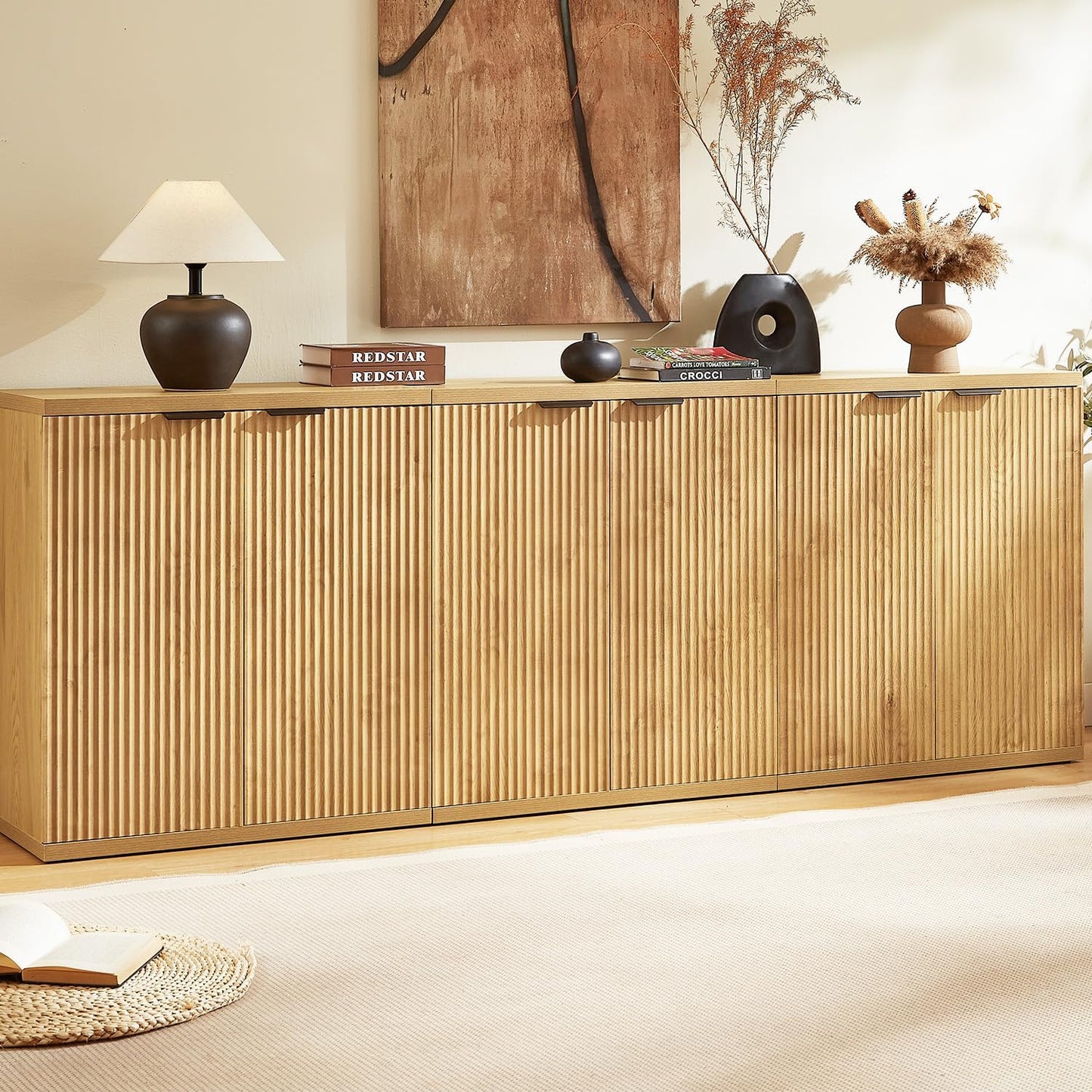 Buffet Cabinet with Storage Accent Sideboard, 96'' Sideboard Fluted Modern Boho Credenza with Door, Mid Century TV Stand, Minimalist Coffee Bar Console Table for Living Room, Dining Room