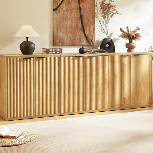 Buffet Cabinet with Storage Accent Sideboard, 96'' Sideboard Fluted Modern Boho Credenza with Door, Mid Century TV Stand, Minimalist Coffee Bar Console Table for Living Room, Dining Room