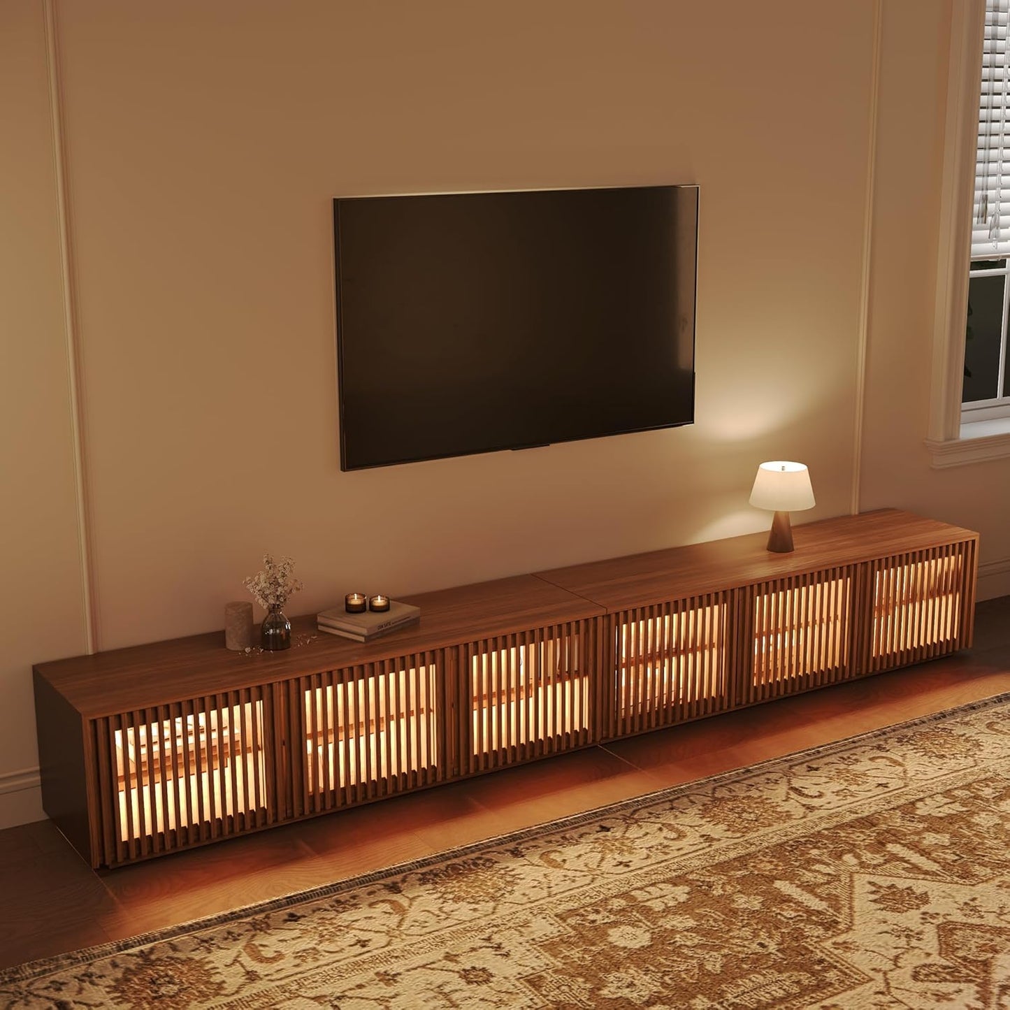 POVISON Full Assembled Mid Century Modern TV Stand, Black Entertainment Center for 65 inch TV, Wood Slatted Media Console with Storage, Low TV Cabinets for Living Room Bedroom, Oak Veneer