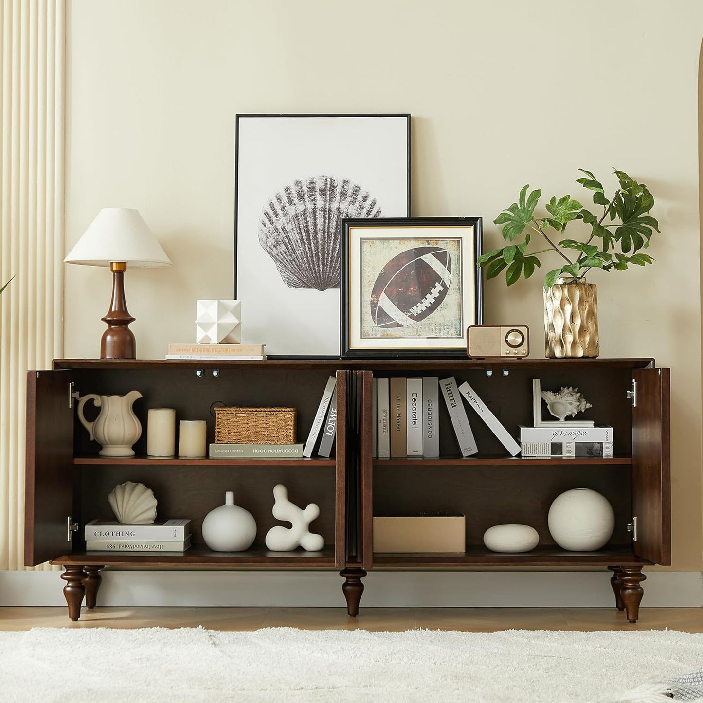 63" TV Stand with Storage, 4 Doors Modern Entertainment Center Sideboard Buffet Cabinet with Adjustable Shelves, TV Media Console Table for Living Room, Walnut