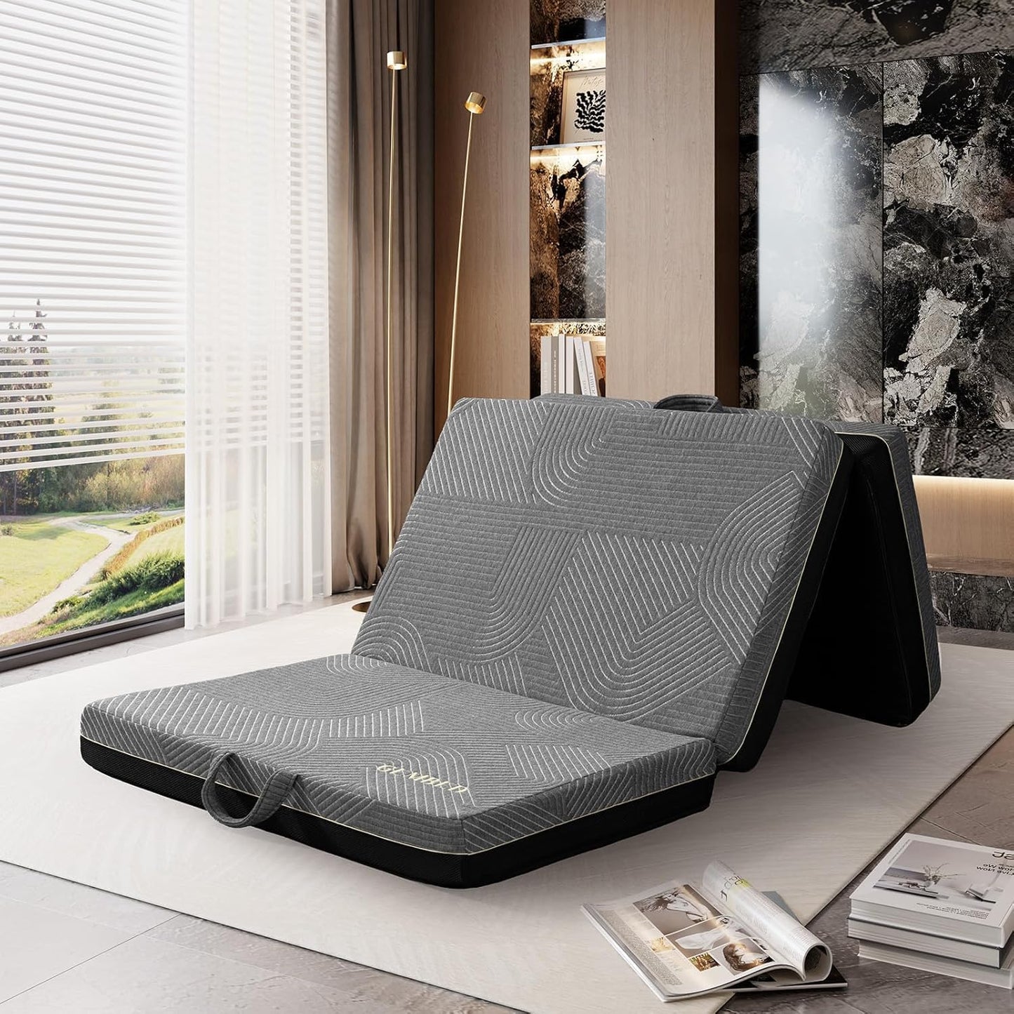 Tri Folding Mattress Queen Size - Memory Foam Tri-fold Handle & Non-Slip Bottom, Portable Foldable Sofa Bed Floor Chair for Travel RV Camping Guest Yoga - 6 Inch, 78"x58"x6"