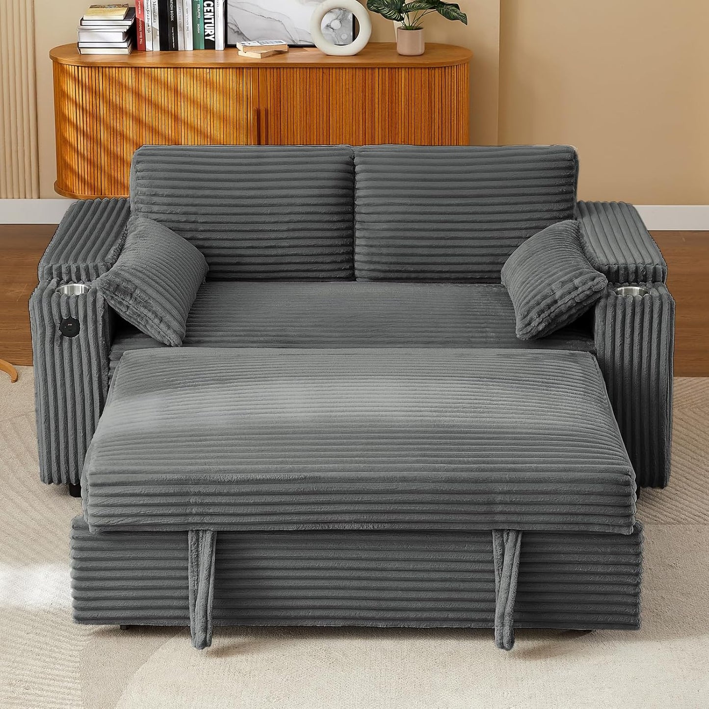 65'' 3-in-1 Folding Convertible Sofa Bed, Pullout Sofa, Modern Chenille Fabric, 360° Swivel Side Table, Easy Assembly, Perfect for Living Room, Black