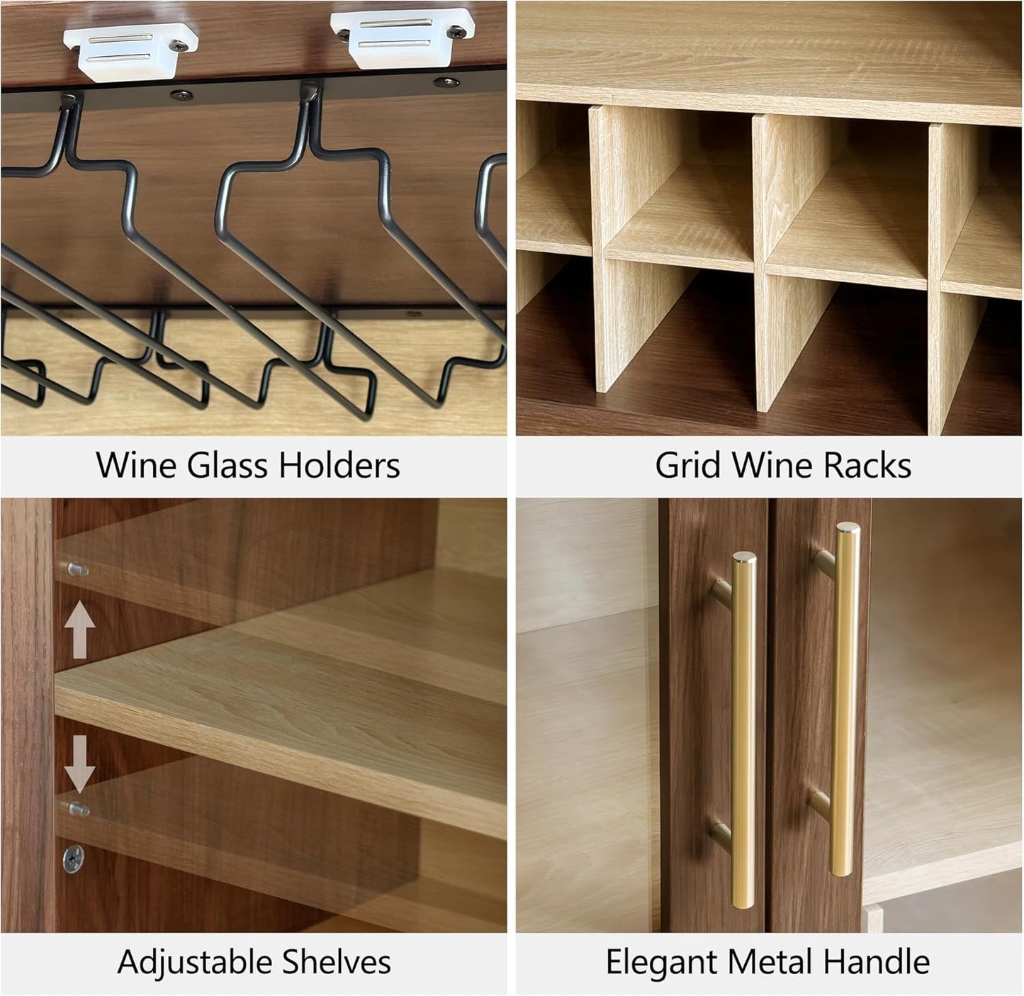 Wine Bar Cabinet with Glass Doors, 31.5" Liquor Cabinet with Wine and Glass Rack, Mid Century Modern Sideboard Buffet Cabinet with Storage for Living Room Kitchen Dining Room, Walnut