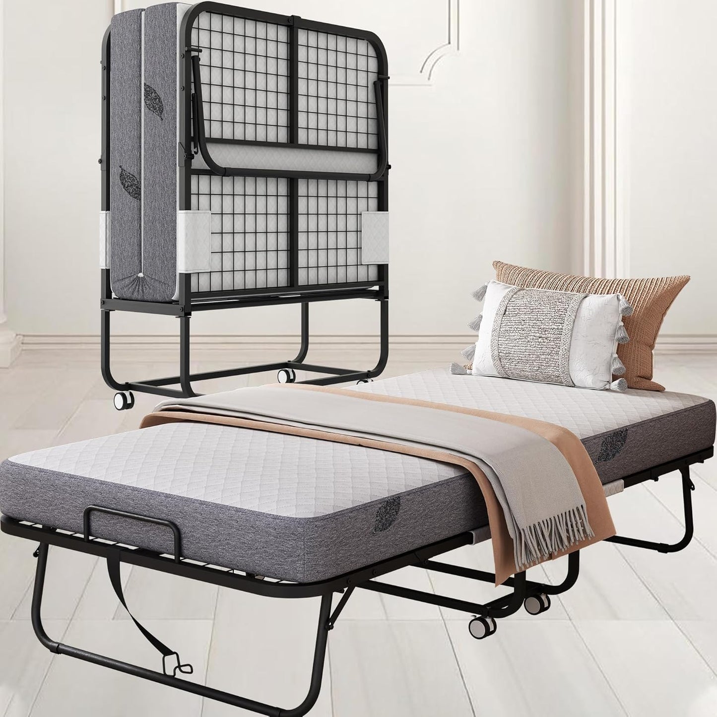 Folding Bed with Mattress 75 x 54 Full Size for Adults Rollaway Bed Fold Up Foldable Portable Extra Large Spare Guest Beds on Wheels for Home School Dorm Office Hospital