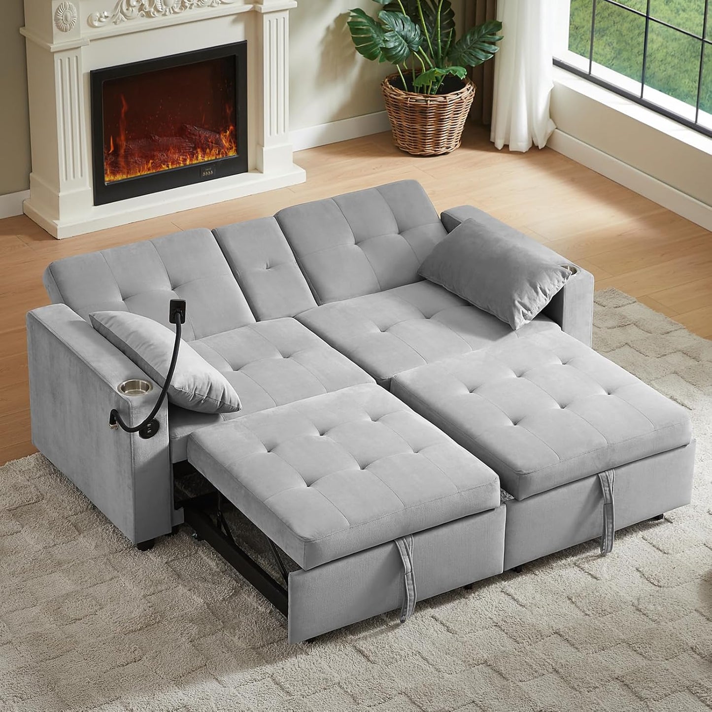 65'' 3-in-1 Folding Convertible Sofa Bed, Pullout Sofa, Modern Chenille Fabric, 360° Swivel Side Table, Easy Assembly, Perfect for Living Room, Black