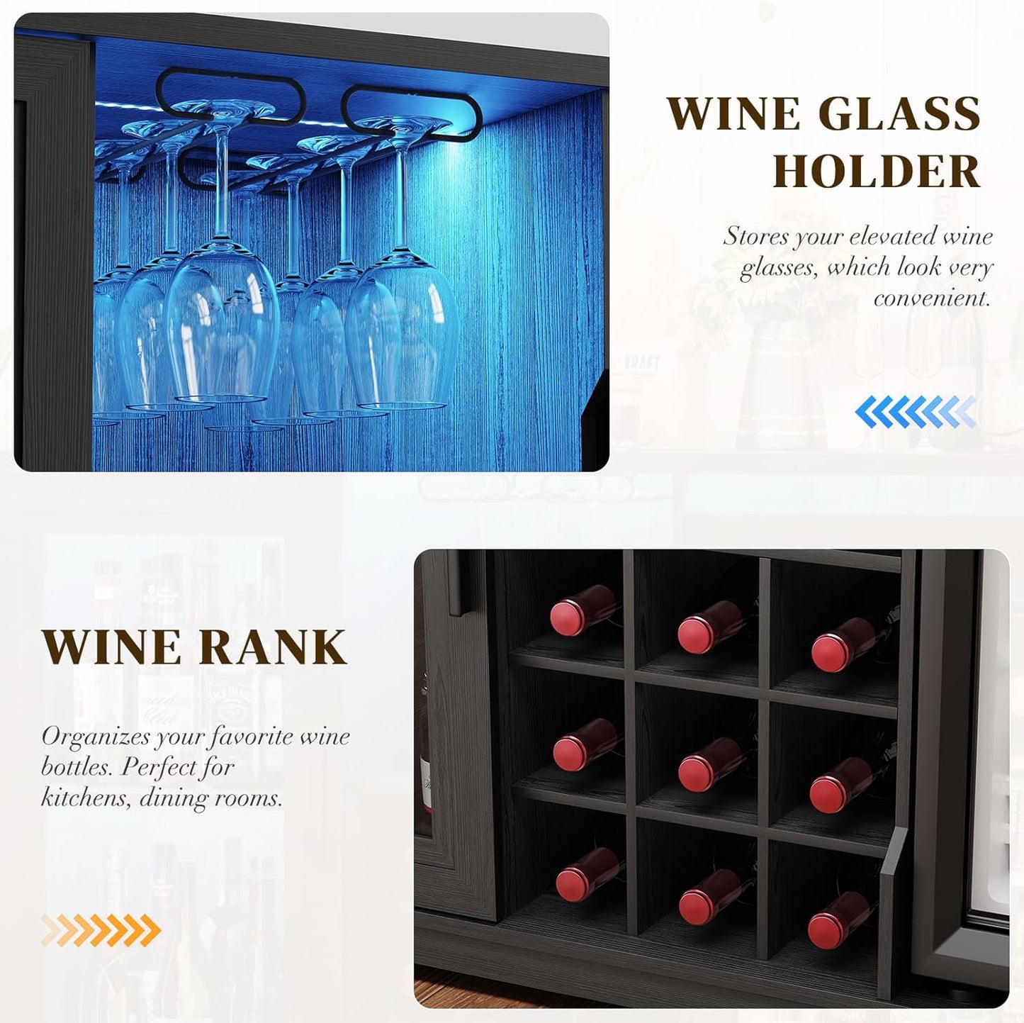 Wine Bar Cabinet with Fridge (Included), Liquor Coffee Cabinet with LED Lights & Rack, Mini Fridge Cabinet with Storage, Human Body Sensor, Sideboard Buffet for Kitchen Dining Room, Black