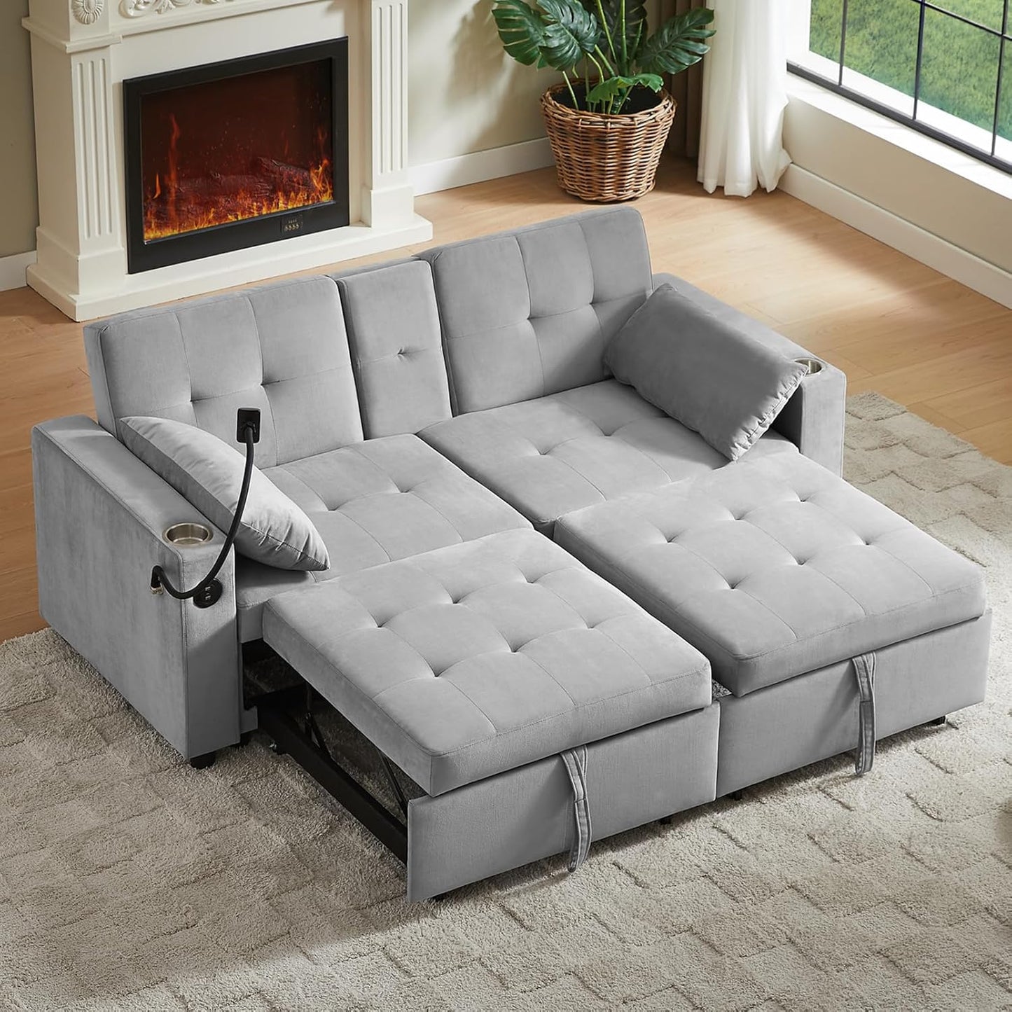 65'' 3-in-1 Folding Convertible Sofa Bed, Pullout Sofa, Modern Chenille Fabric, 360° Swivel Side Table, Easy Assembly, Perfect for Living Room, Black