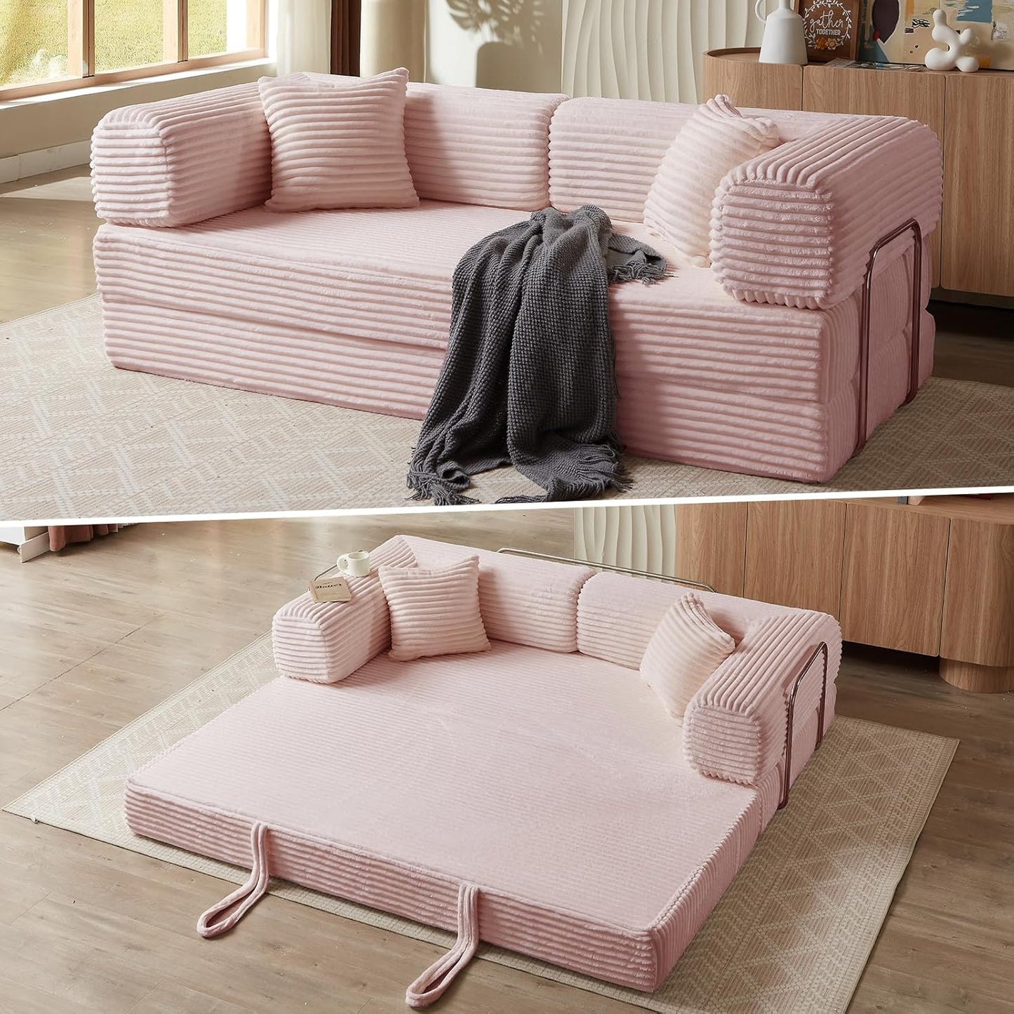 4-in-1 Convertible Folding Sleeper Sofa Bed, Plush Corduroy Foldable Mattress Couch with Fixed-Shape Frame, Floor Compressed Sofa for Living Room, Bedroom (Pink)