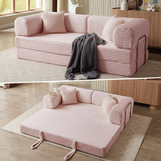 4-in-1 Convertible Folding Sleeper Sofa Bed, Plush Corduroy Foldable Mattress Couch with Fixed-Shape Frame, Floor Compressed Sofa for Living Room, Bedroom (Pink)