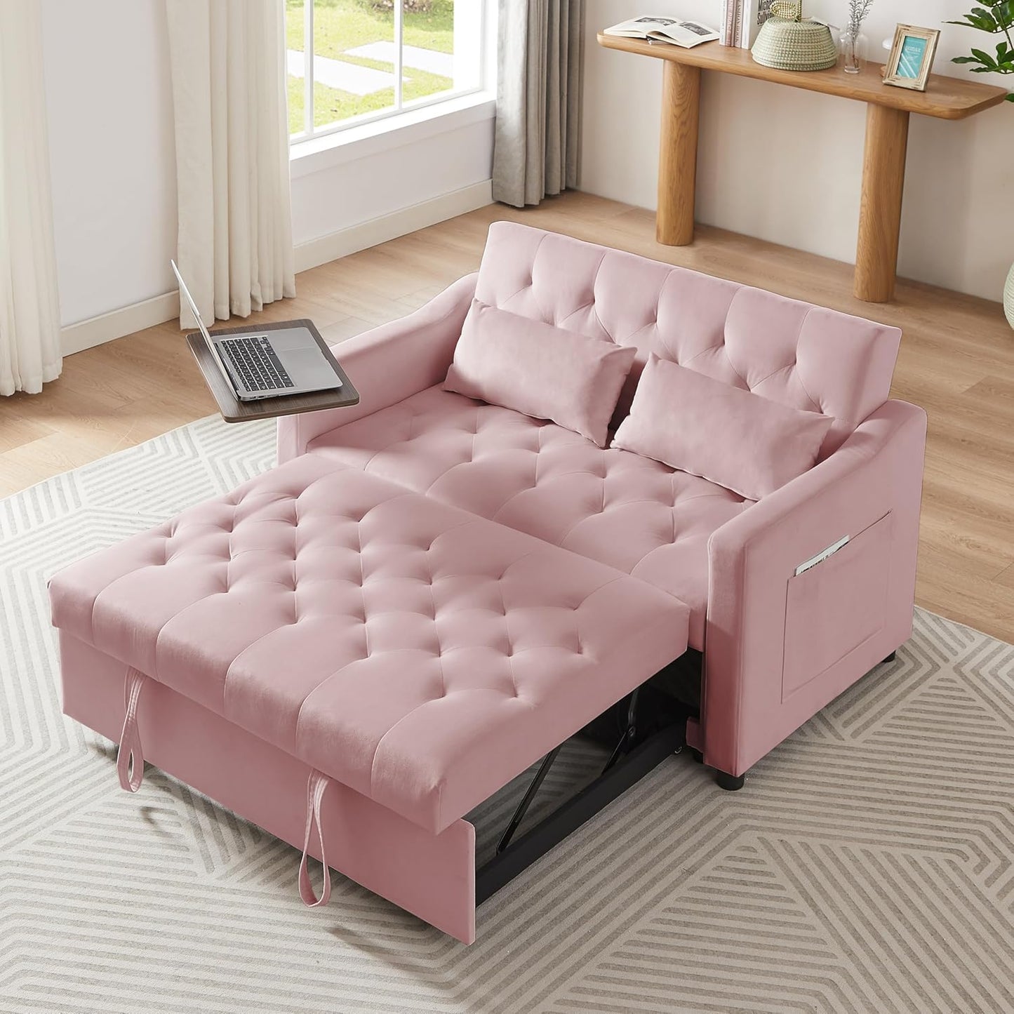 65'' 3-in-1 Folding Convertible Sofa Bed, Pullout Sofa, Modern Chenille Fabric, 360° Swivel Side Table, Easy Assembly, Perfect for Living Room, Black