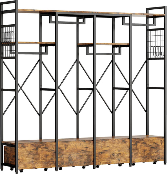 IRONCK Garment Racks and Storage Shelves, Heavy Duty Clothes Rack with 4 Wooden Drawers and Hanging Rods, Freestanding Closet Wardrobe Rack, Vintage Brown