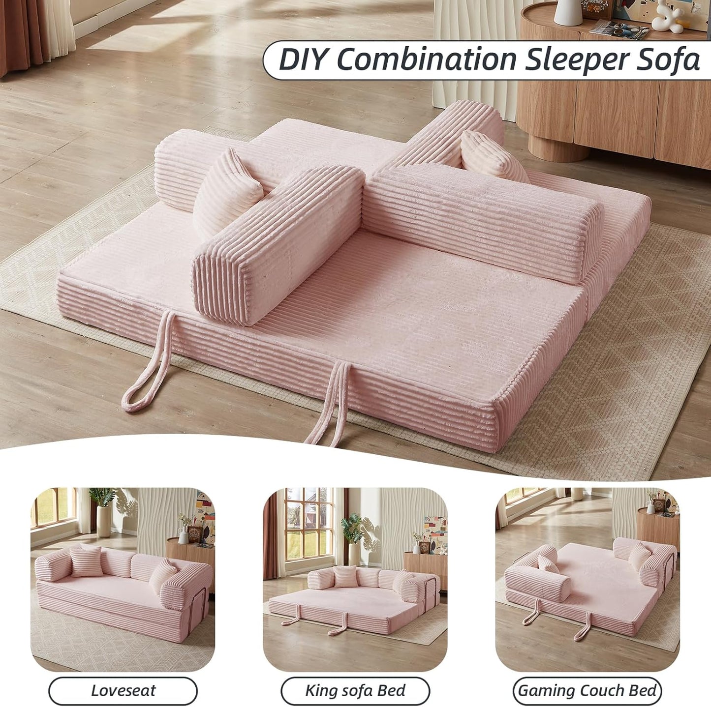 4-in-1 Convertible Folding Sleeper Sofa Bed, Plush Corduroy Foldable Mattress Couch with Fixed-Shape Frame, Floor Compressed Sofa for Living Room, Bedroom (Pink)