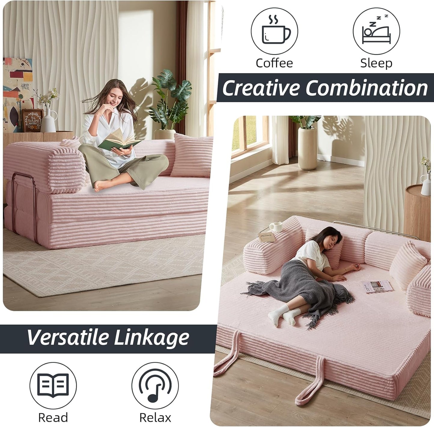 4-in-1 Convertible Folding Sleeper Sofa Bed, Plush Corduroy Foldable Mattress Couch with Fixed-Shape Frame, Floor Compressed Sofa for Living Room, Bedroom (Pink)