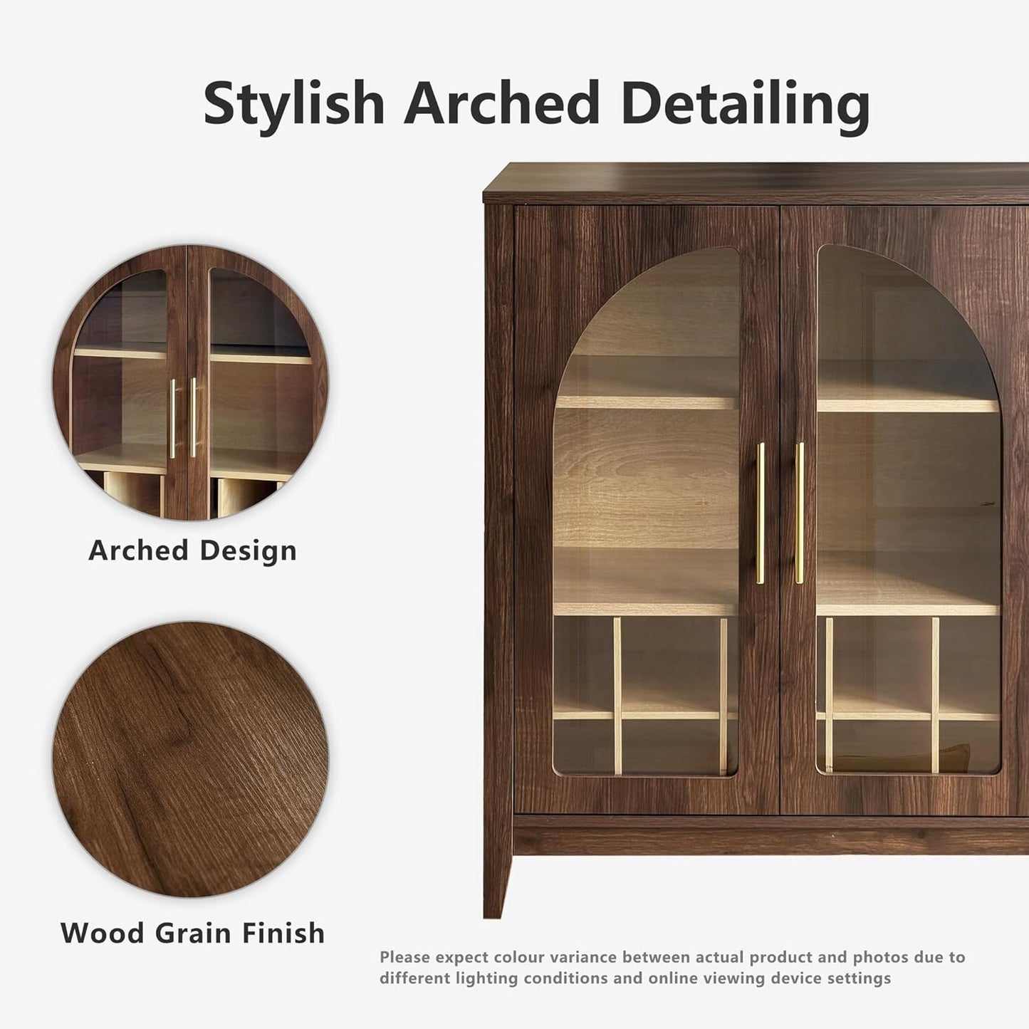 Wine Bar Cabinet with Glass Doors, 31.5" Liquor Cabinet with Wine and Glass Rack, Mid Century Modern Sideboard Buffet Cabinet with Storage for Living Room Kitchen Dining Room, Walnut