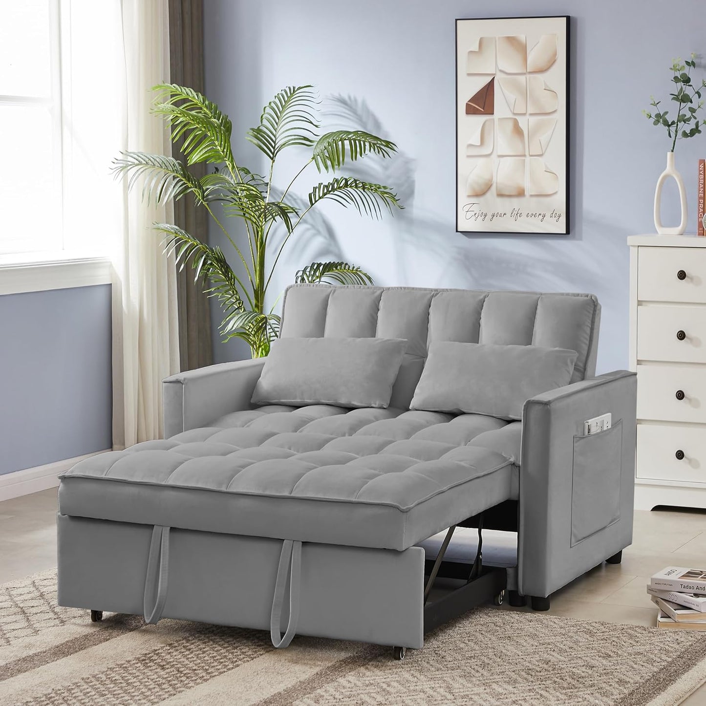 65'' 3-in-1 Folding Convertible Sofa Bed, Pullout Sofa, Modern Chenille Fabric, 360° Swivel Side Table, Easy Assembly, Perfect for Living Room, Black