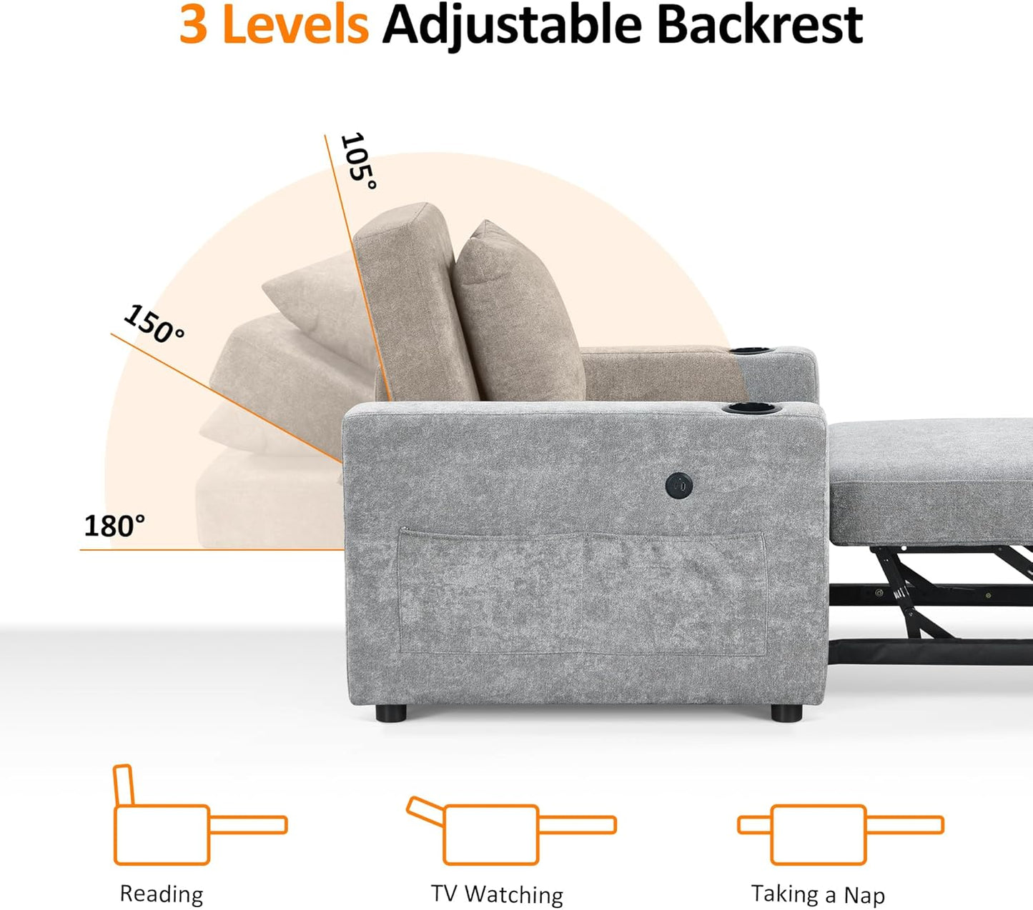 MCombo Convertible Sleeper Chair Bed, 3-in-1 Folding Sofa Chair with Adjustable Backrest, Pull-Out Bed with USB Port, Cup Holders, Linen Fabric, for Small Spaces Living Room Guest Room Office VN6001
