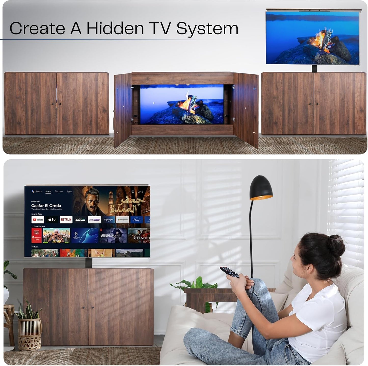 VIVO Walnut TV Cabinet with Motorized Vertical Lift Television Stand, Holds 32 to 55 inch TVs up to 44 lbs, CASE-KIT-EUP1WN