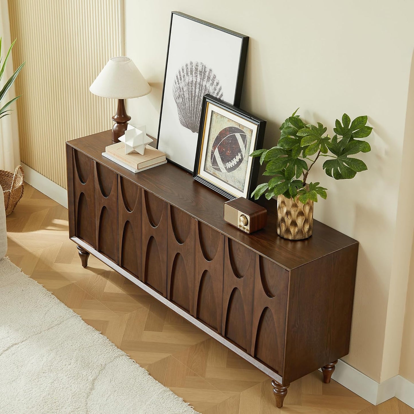 63" TV Stand with Storage, 4 Doors Modern Entertainment Center Sideboard Buffet Cabinet with Adjustable Shelves, TV Media Console Table for Living Room, Walnut